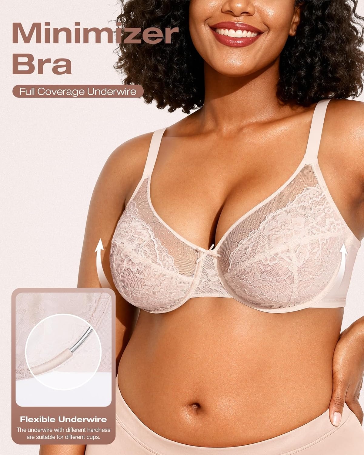 image:imageOEAK Womens Minimizer Bras Underwire Full Coverage Bra Plus Size Unlined Lace Bralette Lifting Tshirt Bras for Large BreastDusty Peach