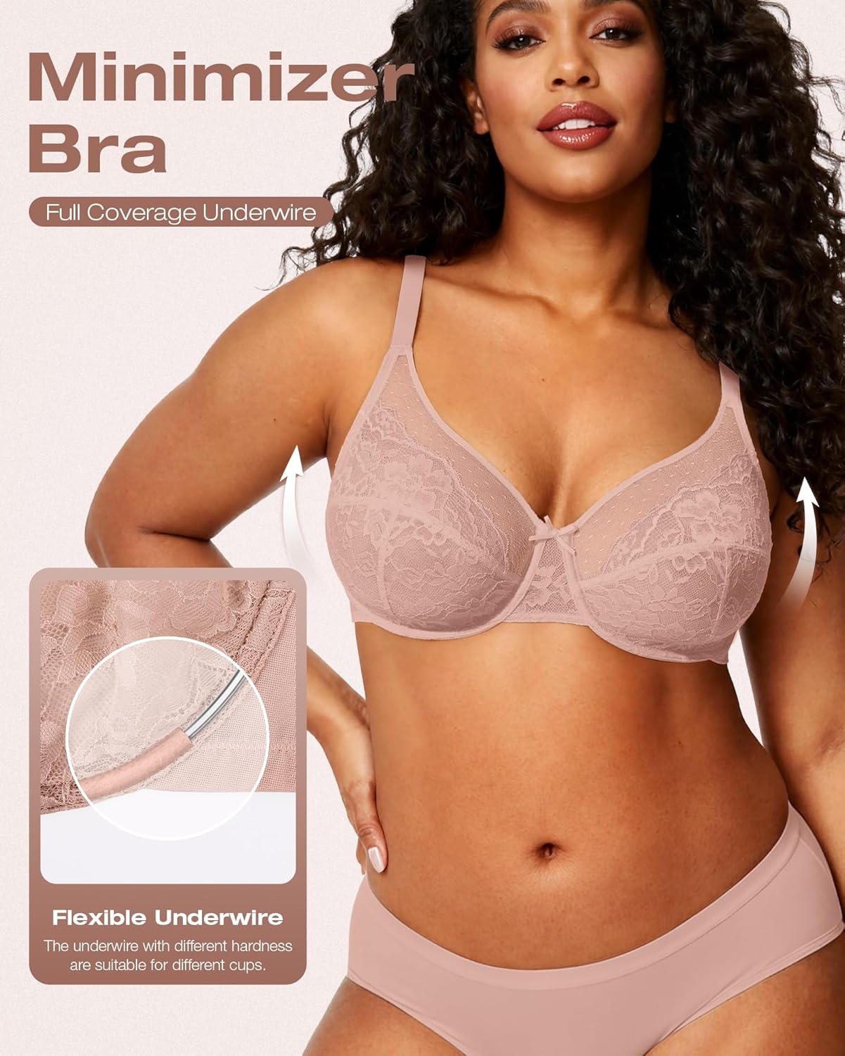 image:imageOEAK Womens Minimizer Bras Underwire Full Coverage Bra Plus Size Unlined Lace Bralette Lifting Tshirt Bras for Large BreastPink