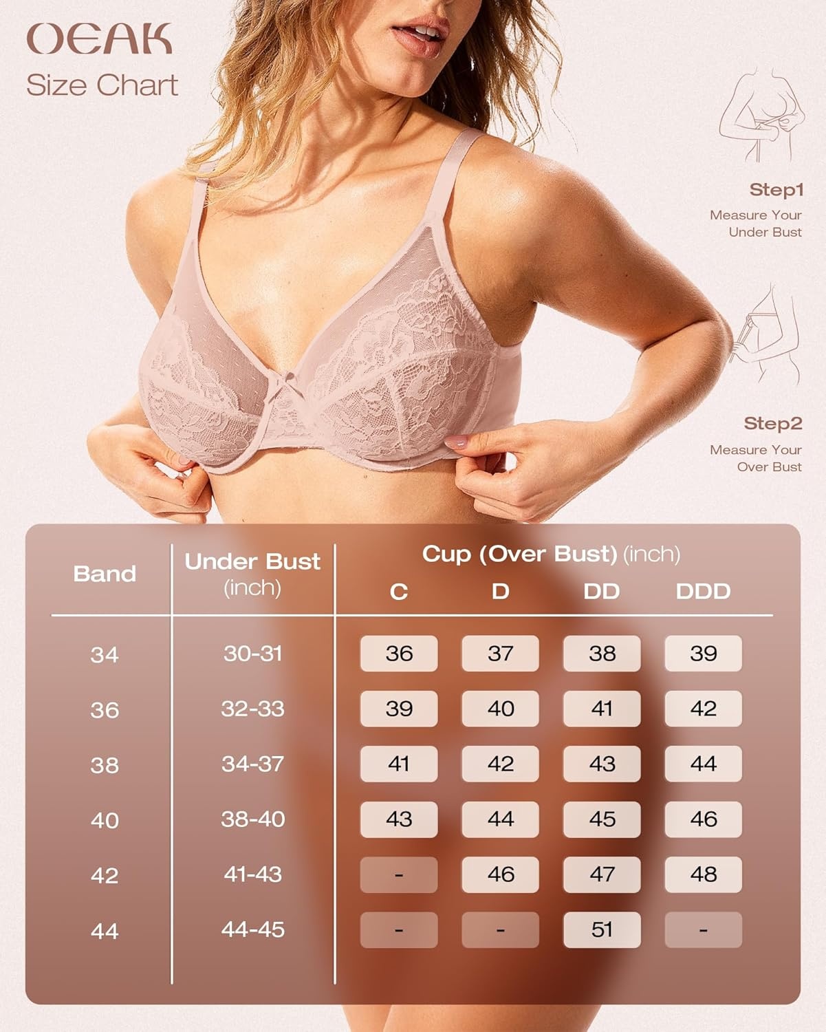 image:imageOEAK Womens Minimizer Bras Underwire Full Coverage Bra Plus Size Unlined Lace Bralette Lifting Tshirt Bras for Large BreastPink