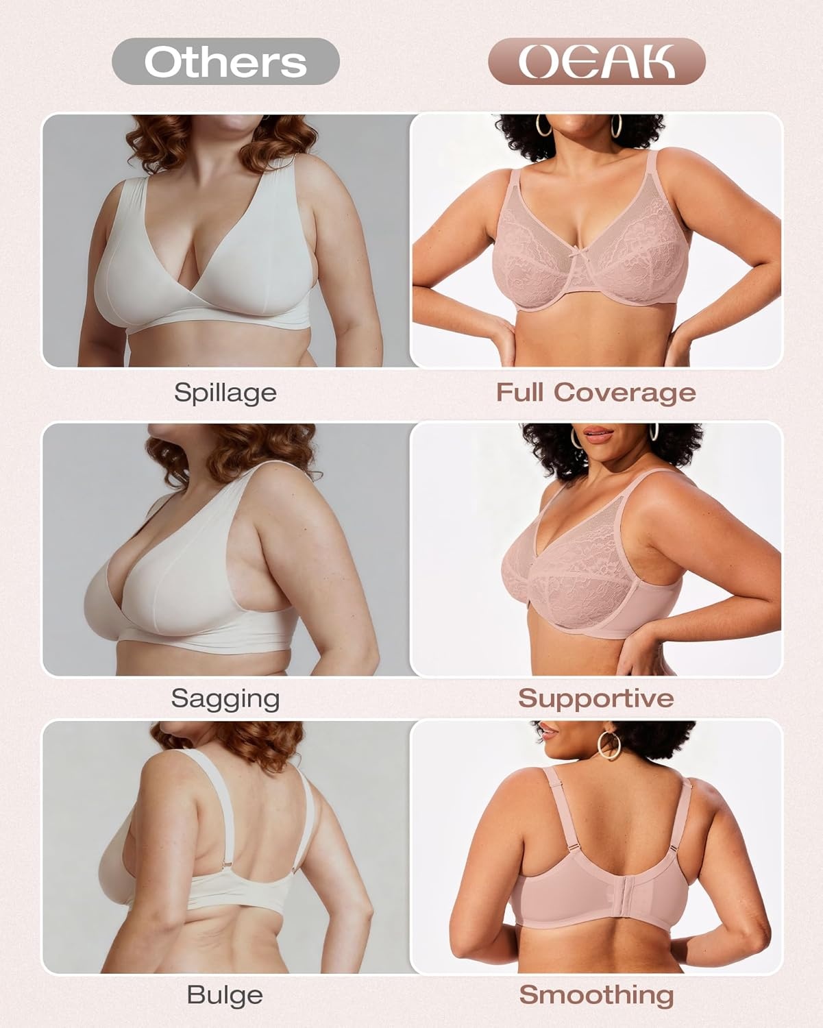 image:imageOEAK Womens Minimizer Bras Underwire Full Coverage Bra Plus Size Unlined Lace Bralette Lifting Tshirt Bras for Large BreastPink