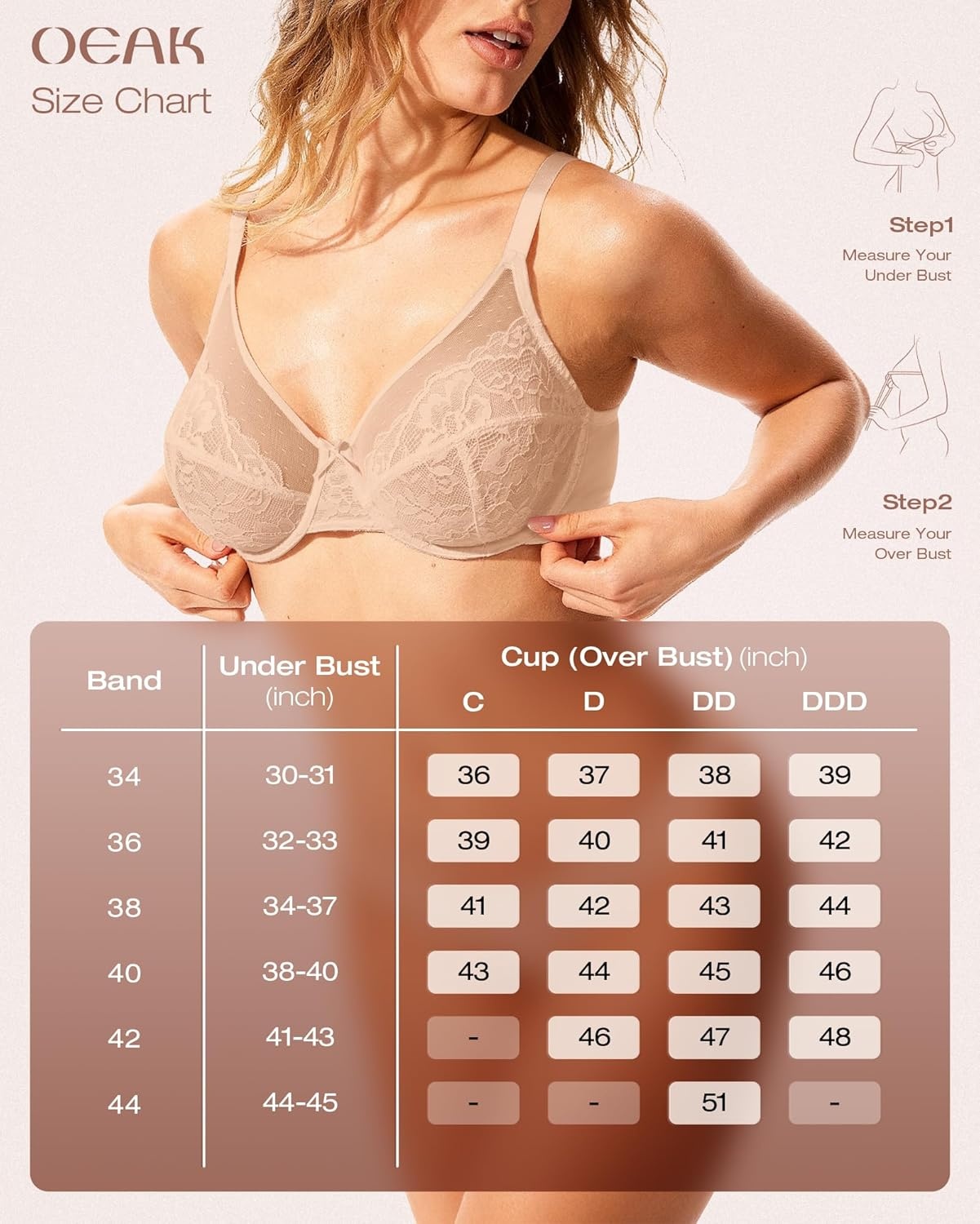 image:imageOEAK Womens Minimizer Bras Underwire Full Coverage Bra Plus Size Unlined Lace Bralette Lifting Tshirt Bras for Large BreastWarm Beige
