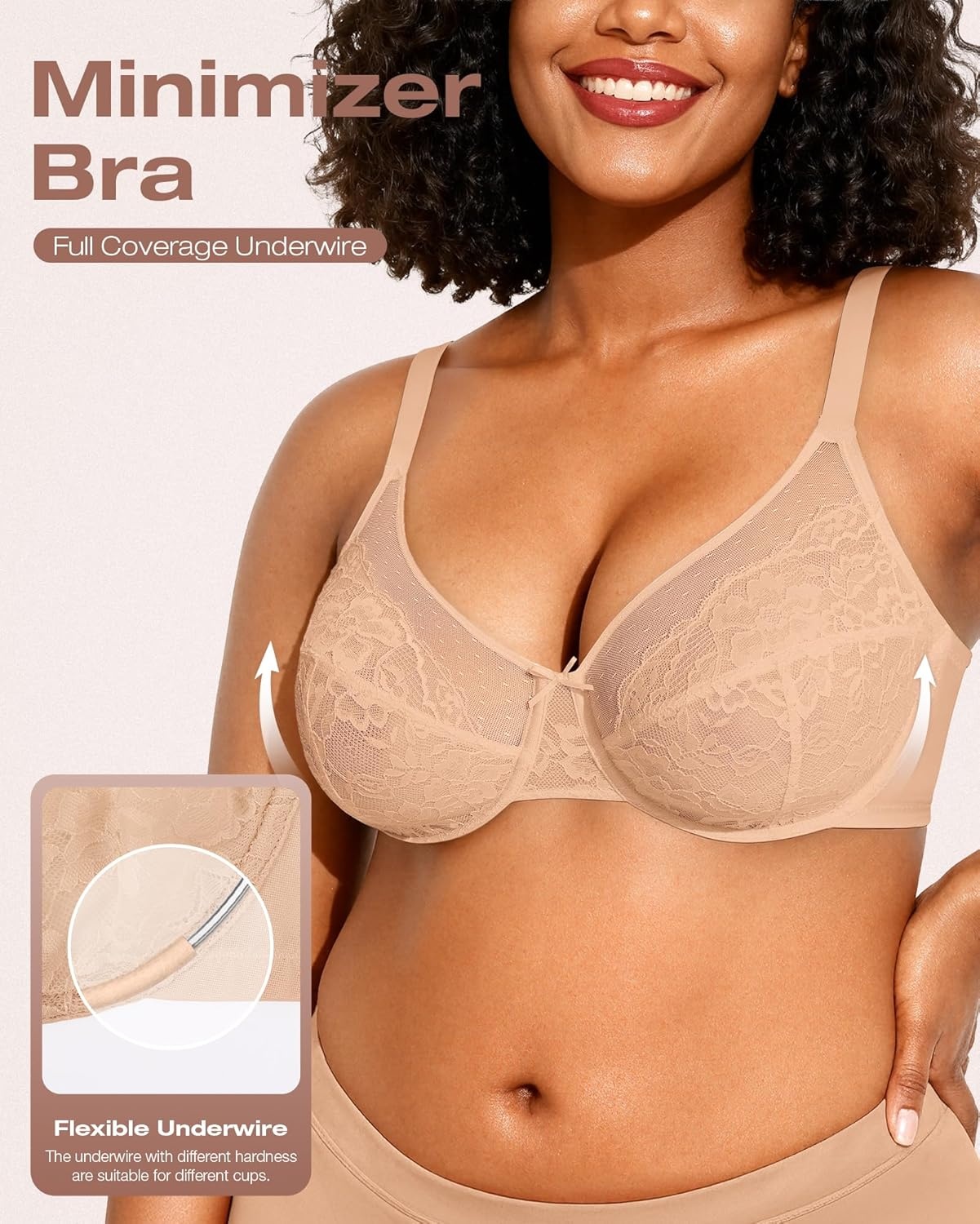 image:imageOEAK Womens Minimizer Bras Underwire Full Coverage Bra Plus Size Unlined Lace Bralette Lifting Tshirt Bras for Large BreastWarm Beige