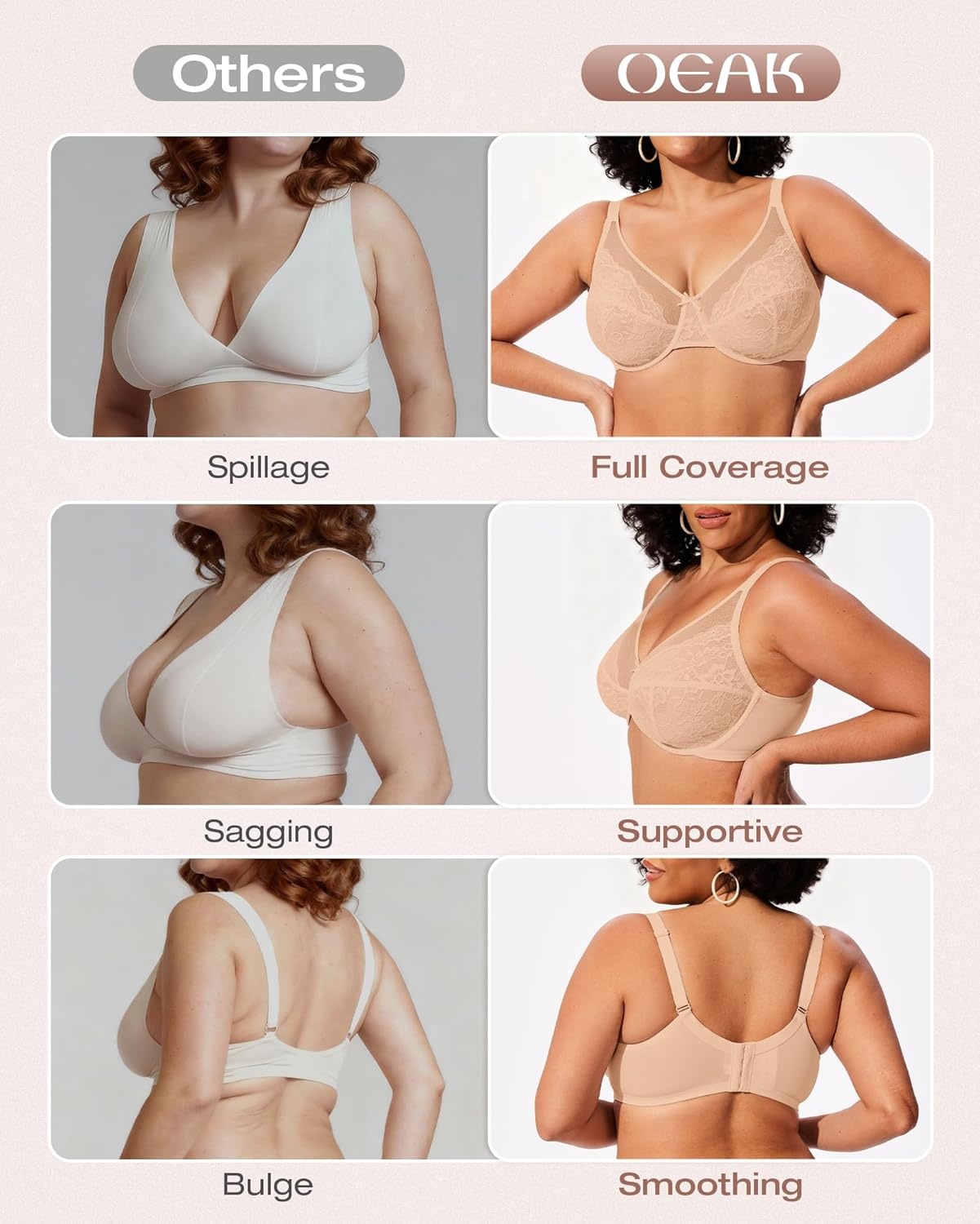 image:imageOEAK Womens Minimizer Bras Underwire Full Coverage Bra Plus Size Unlined Lace Bralette Lifting Tshirt Bras for Large BreastWarm Beige