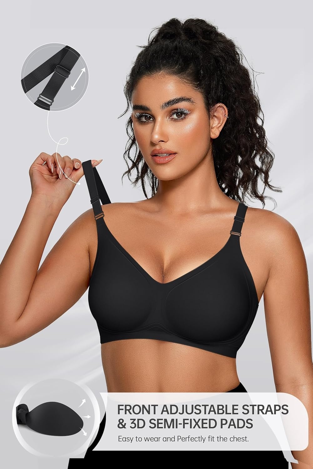 image:imageOEAK Womens Seamless Bras Jelly Comfortable Bra No Underwire Full Support Bra Push Up Plus Size V Neck Sleeping Tshirt BrasBlack
