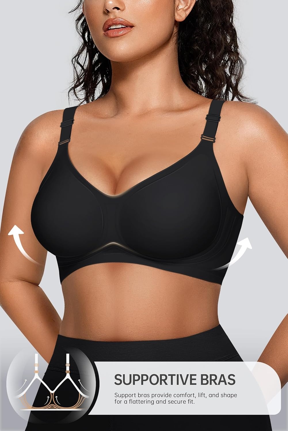 image:imageOEAK Womens Seamless Bras Jelly Comfortable Bra No Underwire Full Support Bra Push Up Plus Size V Neck Sleeping Tshirt BrasBlack