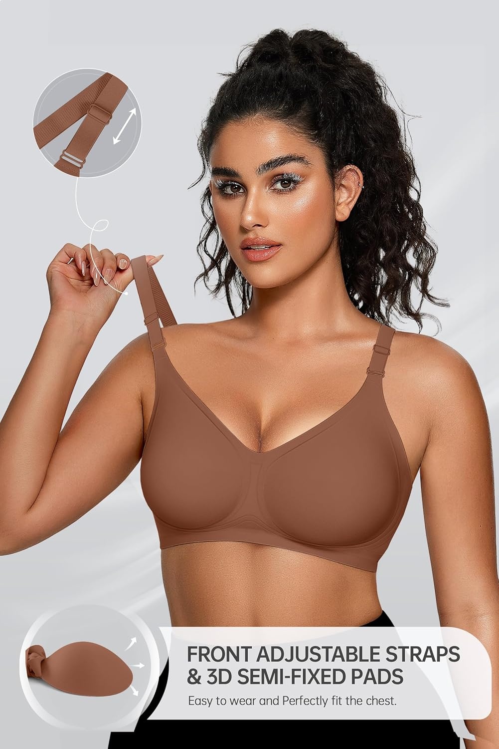 image:imageOEAK Womens Seamless Bras Jelly Comfortable Bra No Underwire Full Support Bra Push Up Plus Size V Neck Sleeping Tshirt BrasCoffee