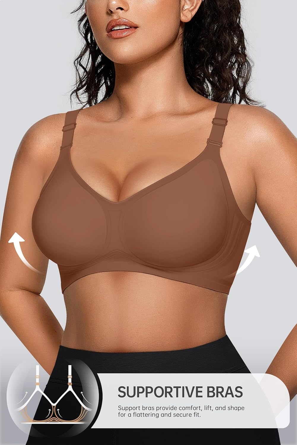 image:imageOEAK Womens Seamless Bras Jelly Comfortable Bra No Underwire Full Support Bra Push Up Plus Size V Neck Sleeping Tshirt BrasCoffee