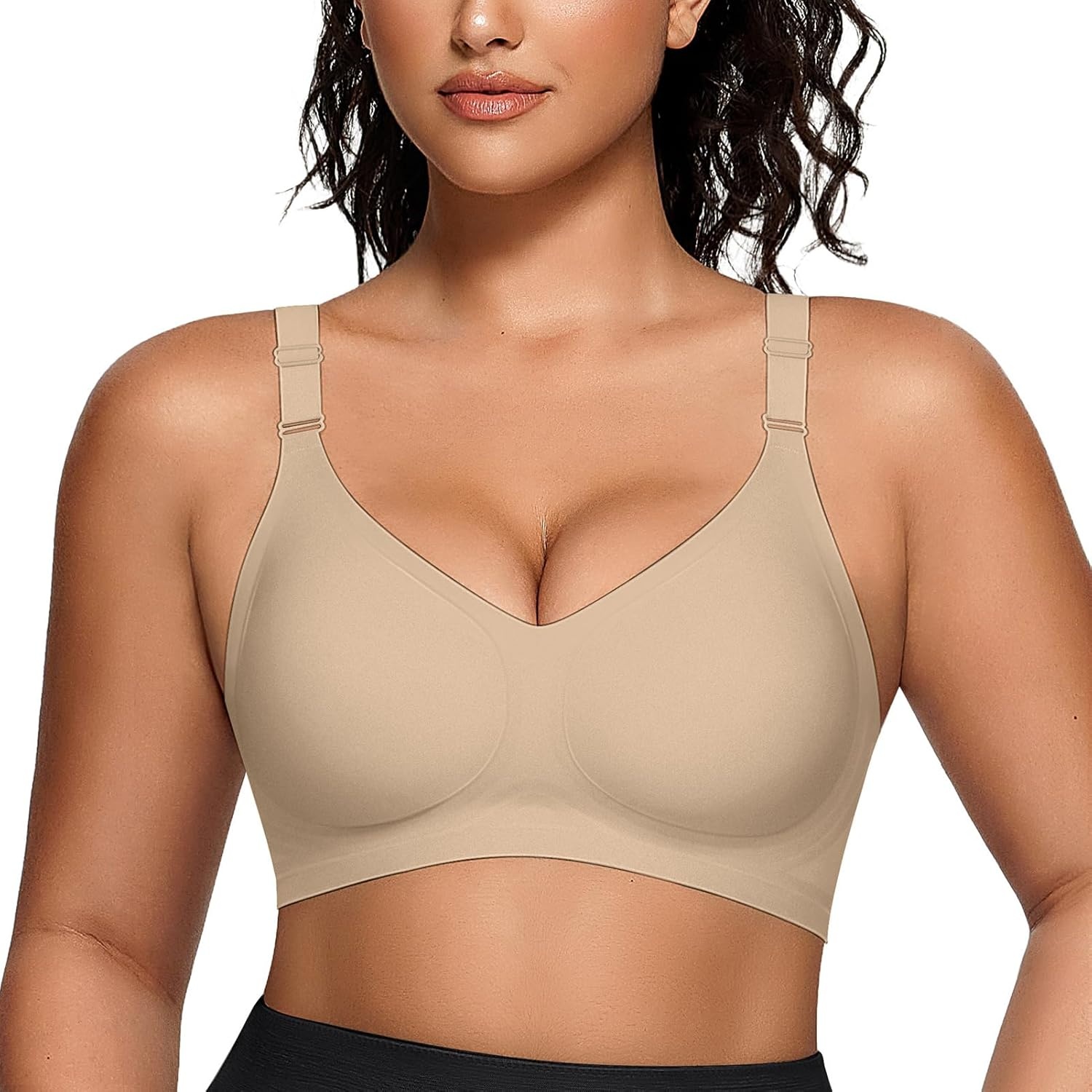 image:imageOEAK Womens Seamless Bras Jelly Comfortable Bra No Underwire Full Support Bra Push Up Plus Size V Neck Sleeping Tshirt BrasOatmeal