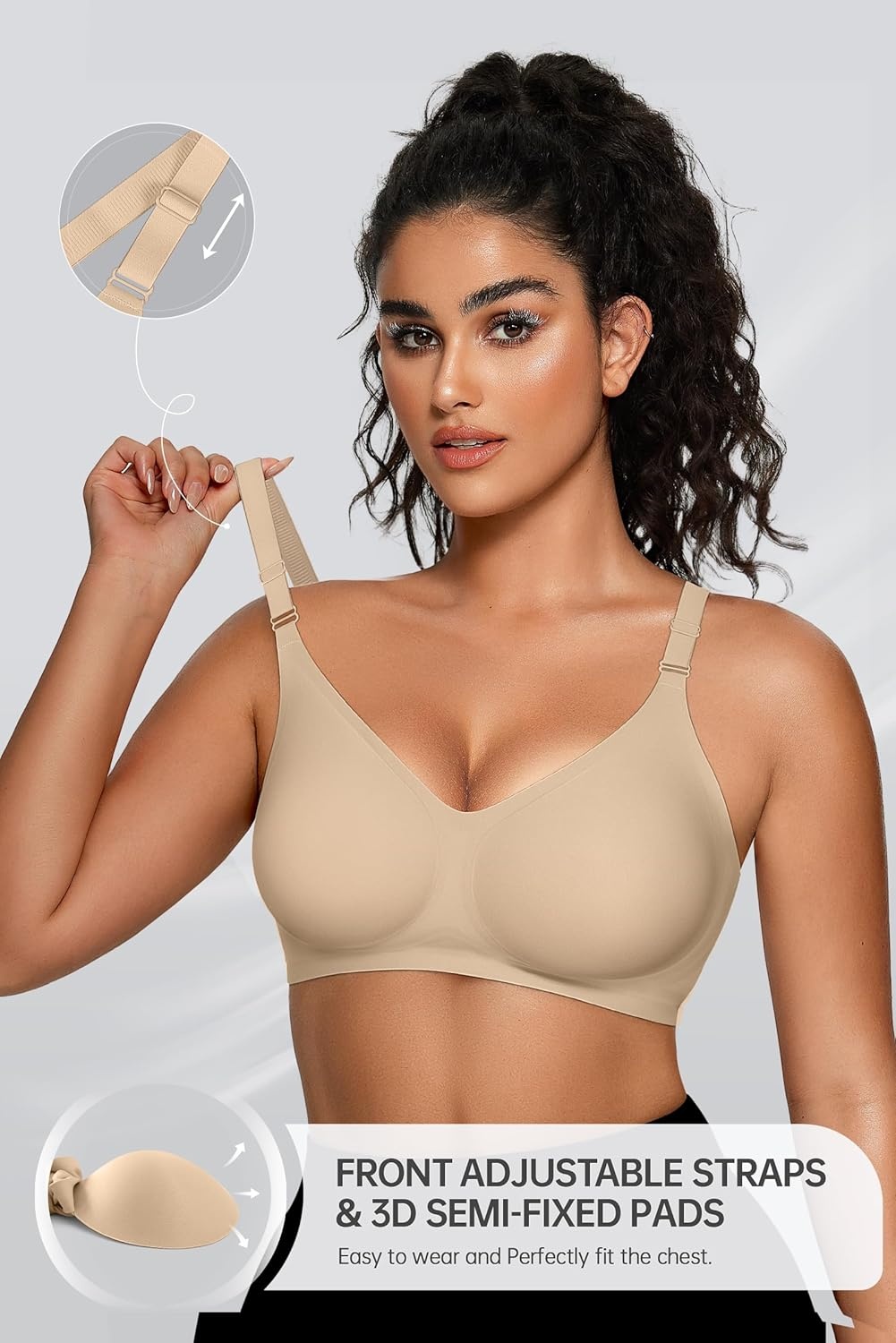 image:imageOEAK Womens Seamless Bras Jelly Comfortable Bra No Underwire Full Support Bra Push Up Plus Size V Neck Sleeping Tshirt BrasOatmeal