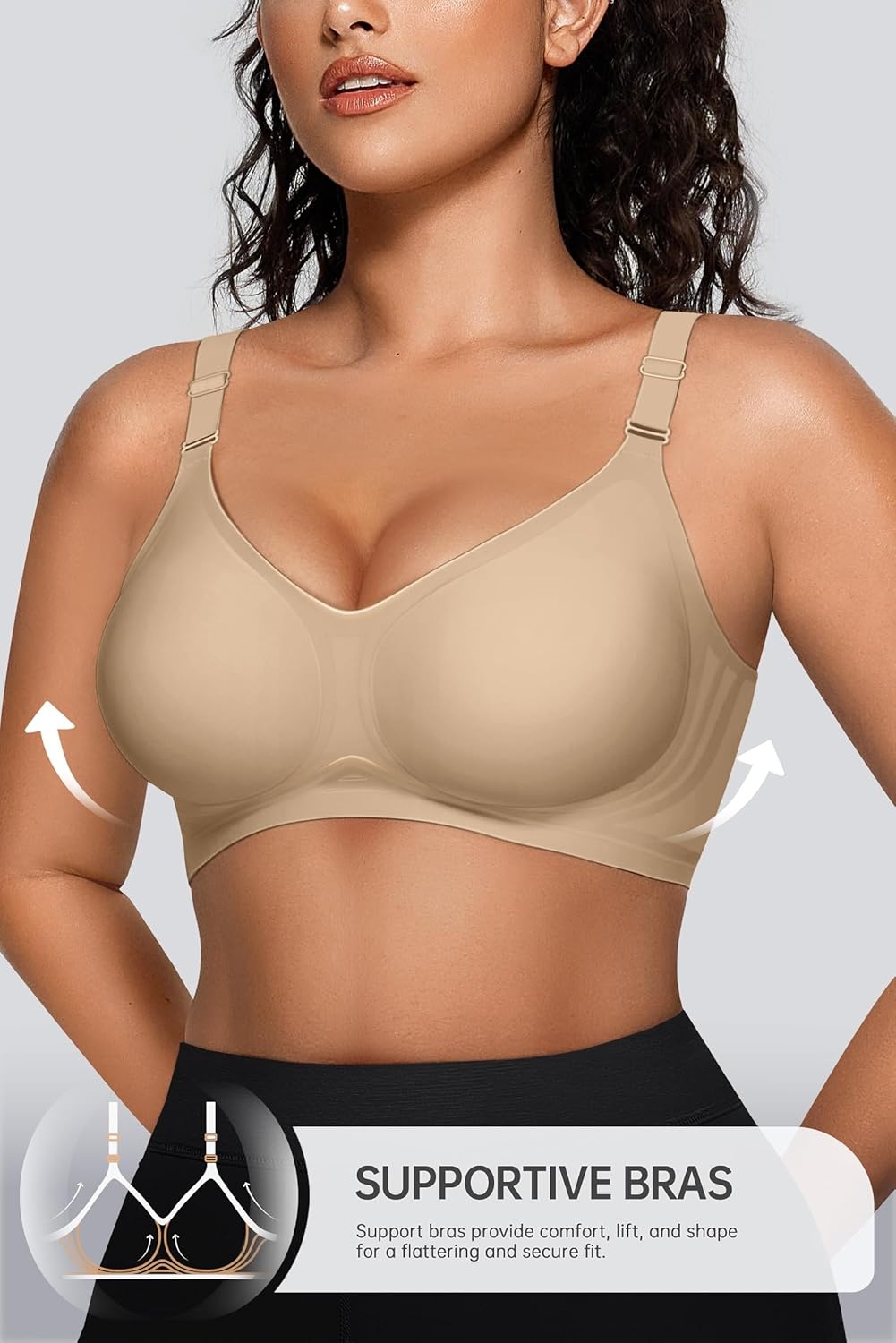 image:imageOEAK Womens Seamless Bras Jelly Comfortable Bra No Underwire Full Support Bra Push Up Plus Size V Neck Sleeping Tshirt BrasOatmeal