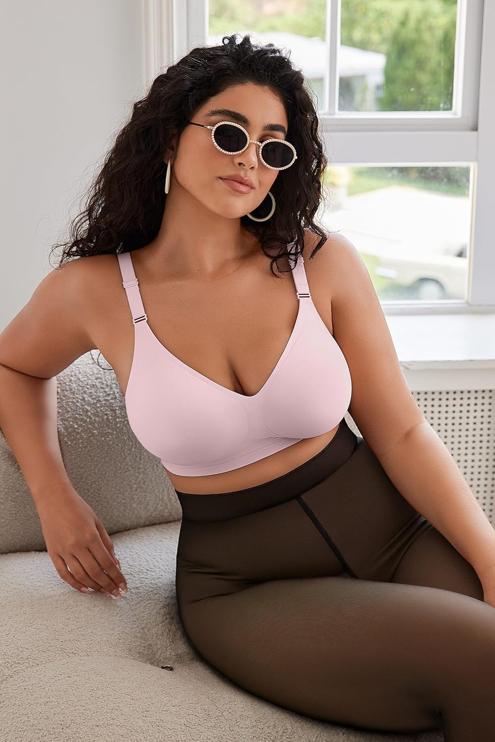 image:imageOEAK Womens Seamless Bras Jelly Comfortable Bra No Underwire Full Support Bra Push Up Plus Size V Neck Sleeping Tshirt BrasPink