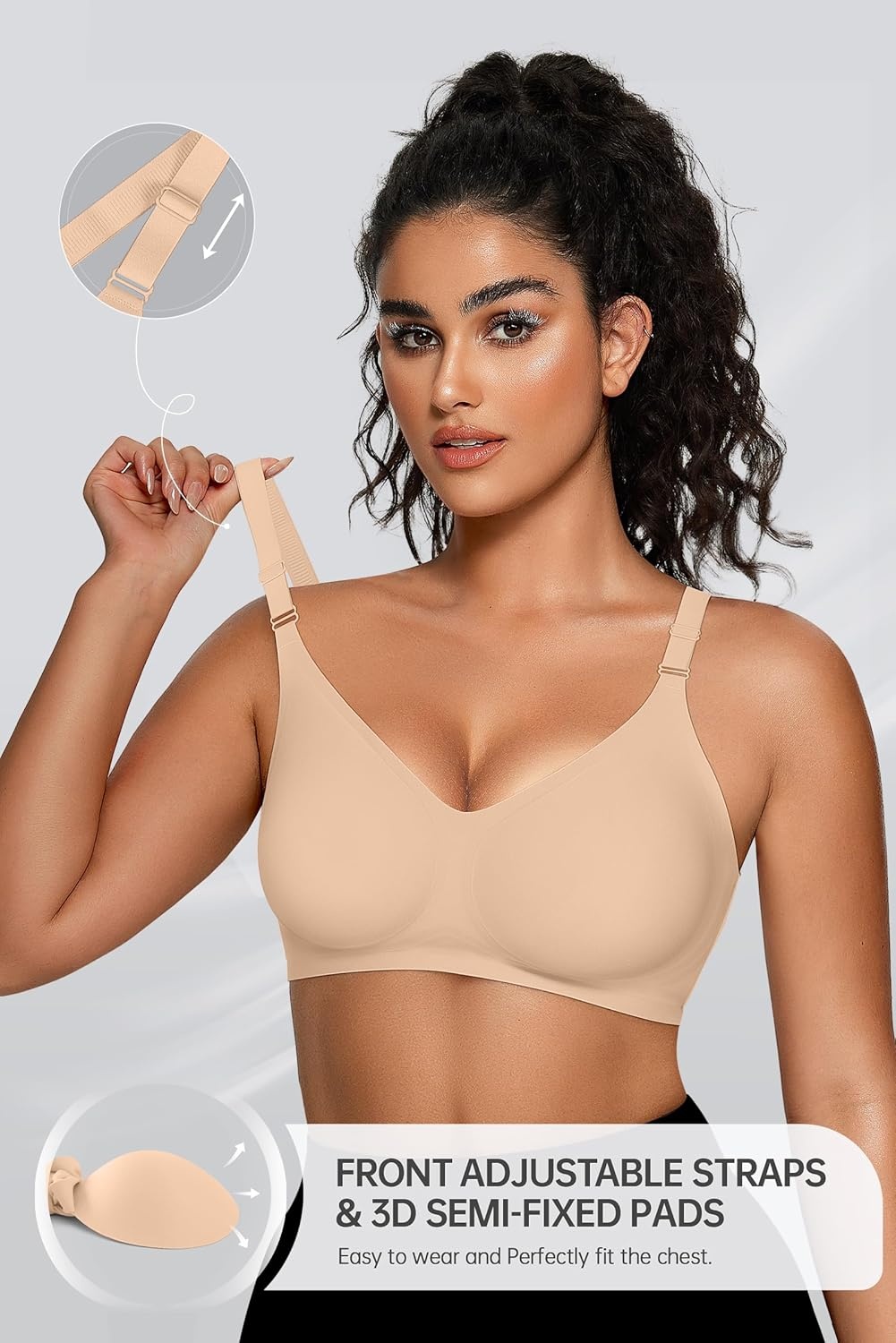 image:imageOEAK Womens Seamless Bras Jelly Comfortable Bra No Underwire Full Support Bra Push Up Plus Size V Neck Sleeping Tshirt BrasSkin Nude