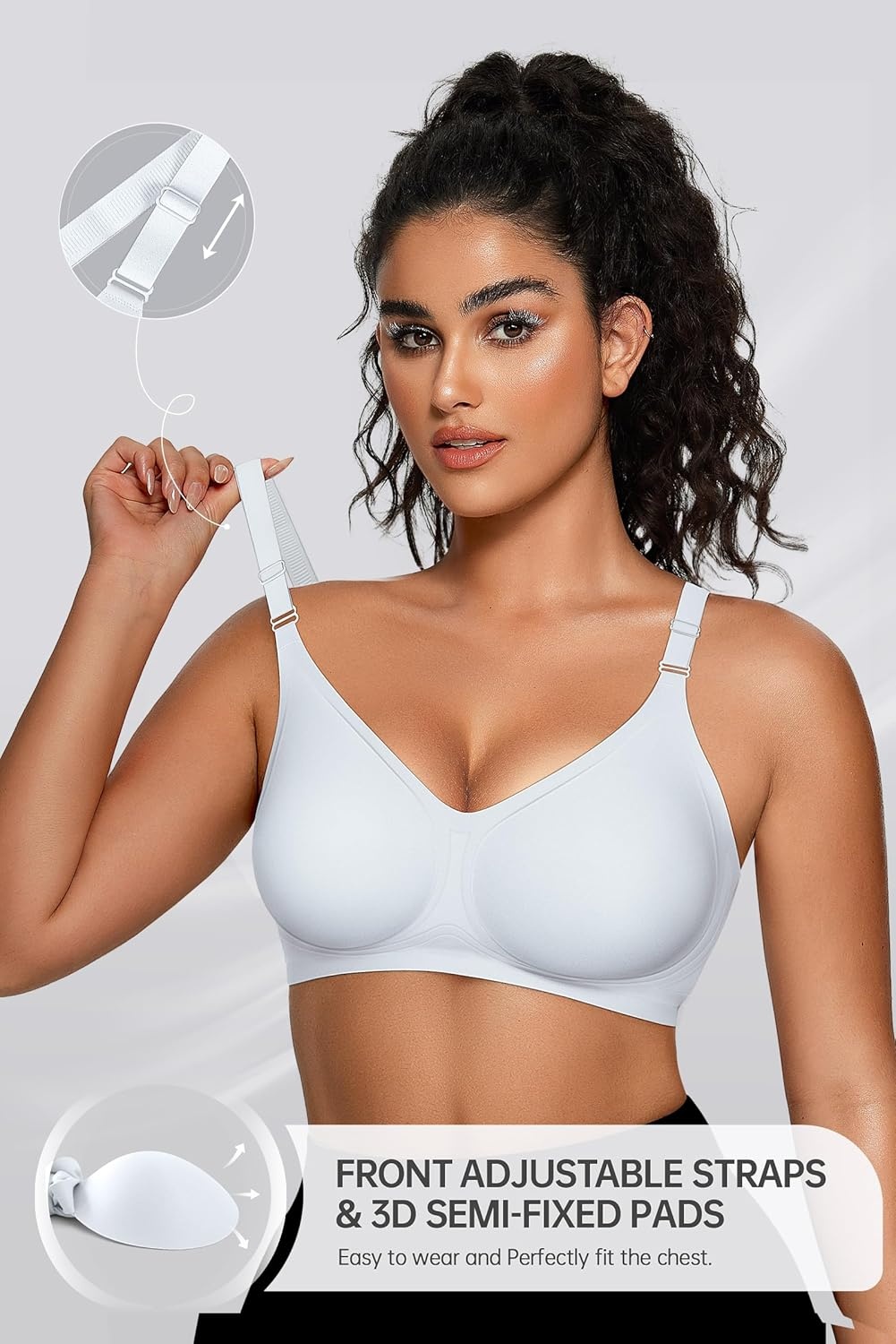 image:imageOEAK Womens Seamless Bras Jelly Comfortable Bra No Underwire Full Support Bra Push Up Plus Size V Neck Sleeping Tshirt BrasWhite
