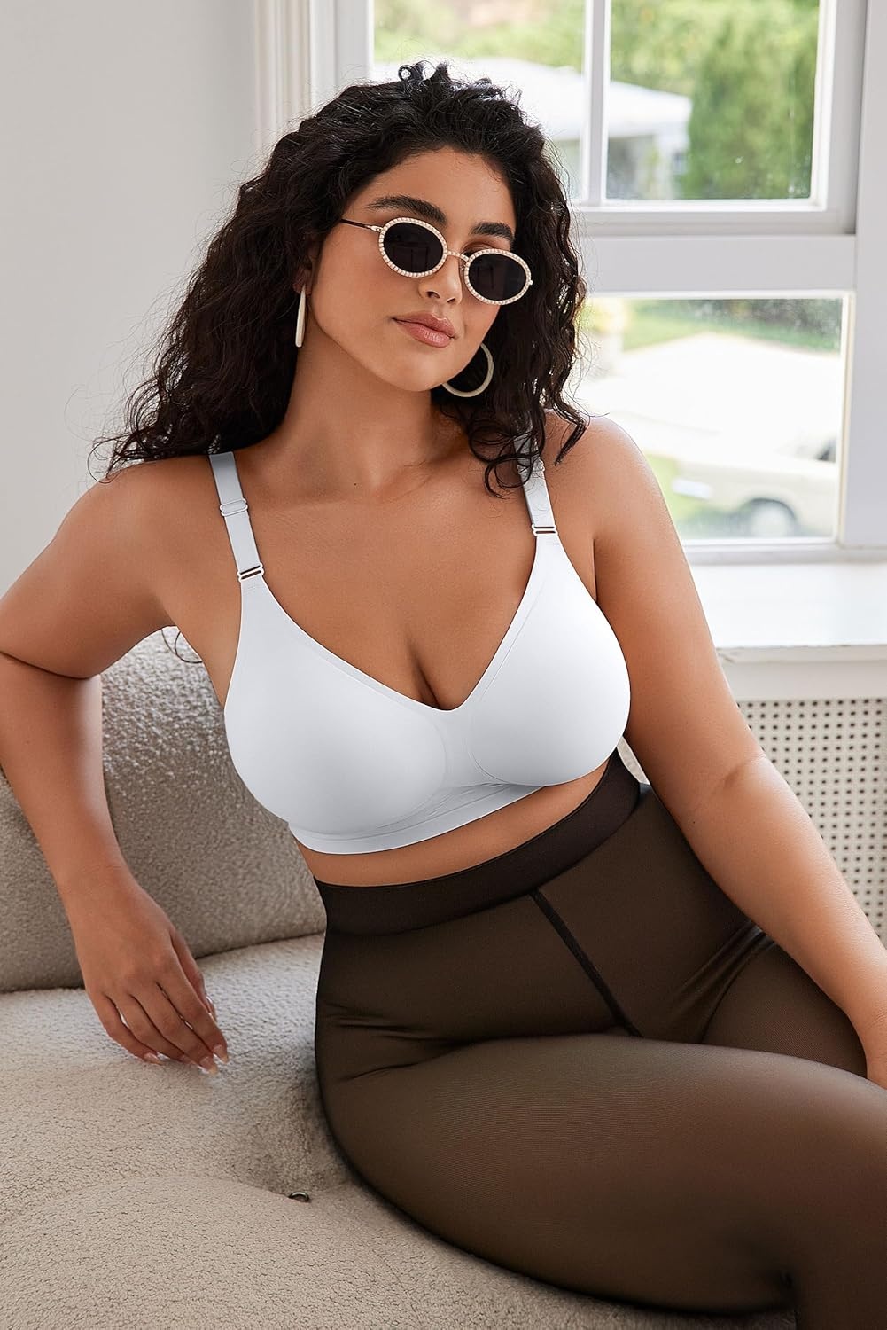 image:imageOEAK Womens Seamless Bras Jelly Comfortable Bra No Underwire Full Support Bra Push Up Plus Size V Neck Sleeping Tshirt BrasWhite