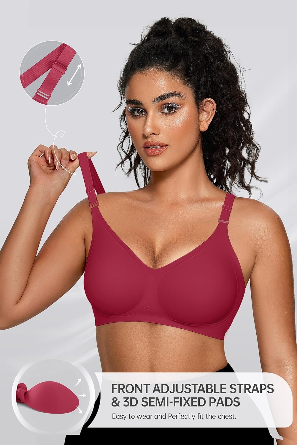 image:imageOEAK Womens Seamless Bras Jelly Comfortable Bra No Underwire Full Support Bra Push Up Plus Size V Neck Sleeping Tshirt BrasWine Red