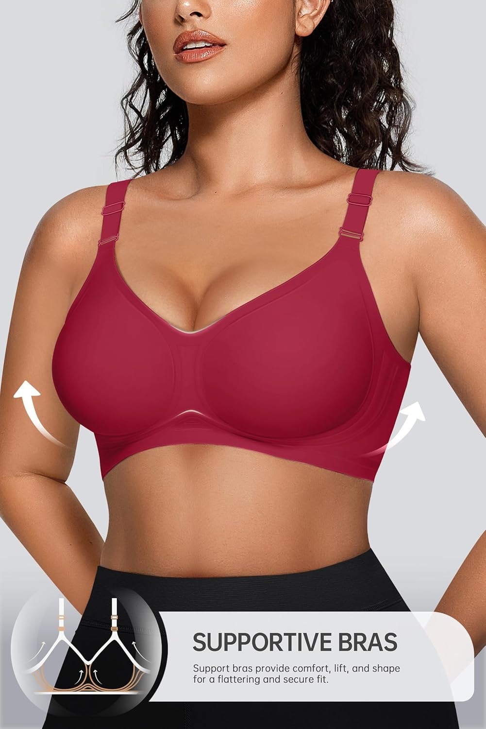 image:imageOEAK Womens Seamless Bras Jelly Comfortable Bra No Underwire Full Support Bra Push Up Plus Size V Neck Sleeping Tshirt BrasWine Red