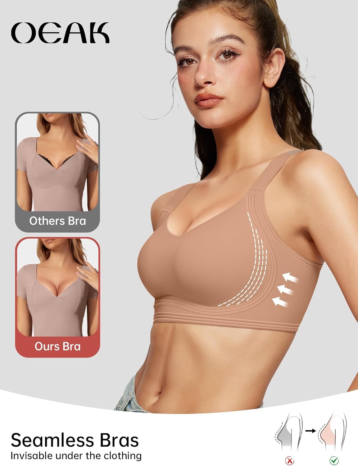 image:imageOEAK Womens Seamless Push Up Bras No Underwire Full Coverage Anti Sagging Comfortable V Neck Bra Wireless Everyday Jelly Bra ApricotL