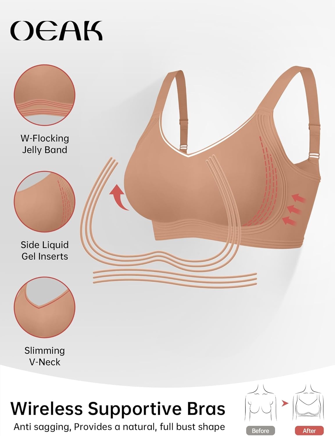 image:imageOEAK Womens Seamless Push Up Bras No Underwire Full Coverage Anti Sagging Comfortable V Neck Bra Wireless Everyday Jelly Bra ApricotL