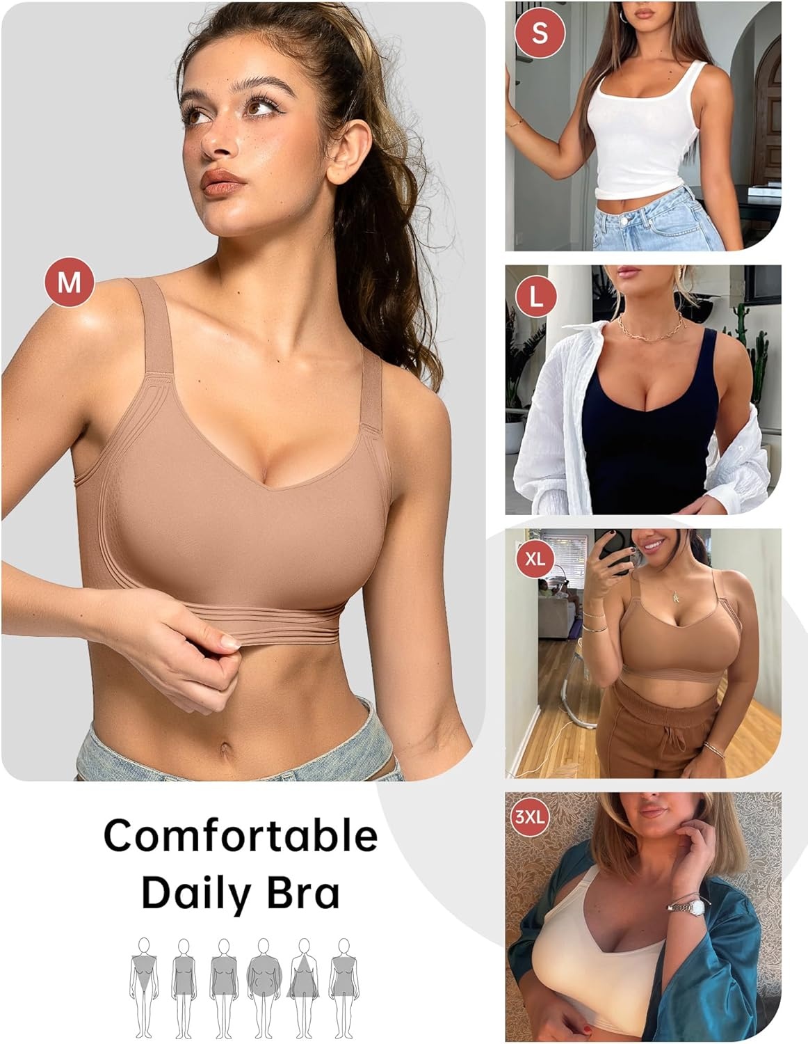 image:imageOEAK Womens Seamless Push Up Bras No Underwire Full Coverage Anti Sagging Comfortable V Neck Bra Wireless Everyday Jelly Bra ApricotL