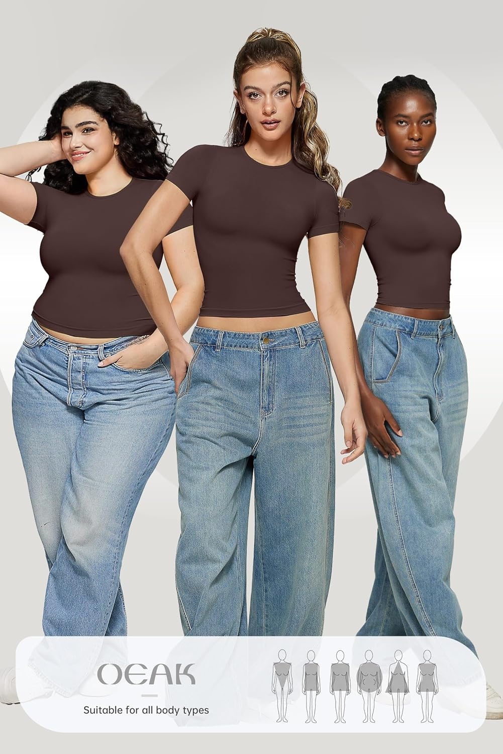image:imageOEAK Womens TShirts Short Sleeve Shirts Crew Neck Basic Tees Soft Smoothing Seamless Tshirts Slim Fit Going Out Trendy TopsBrown