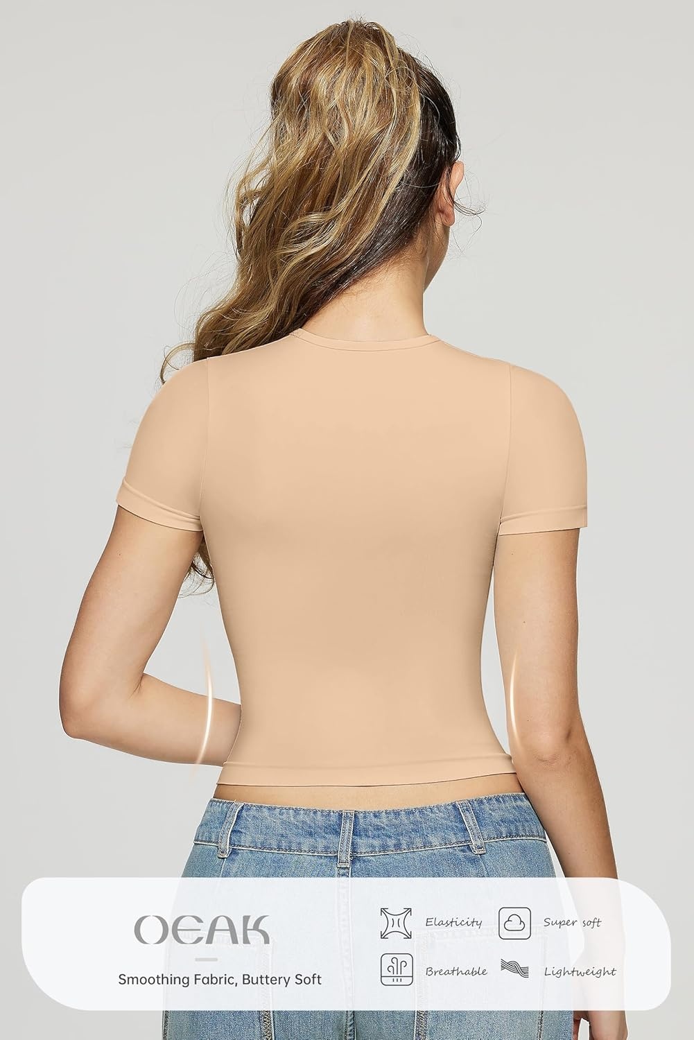 image:imageOEAK Womens TShirts Short Sleeve Shirts Crew Neck Basic Tees Soft Smoothing Seamless Tshirts Slim Fit Going Out Trendy TopsClay Color