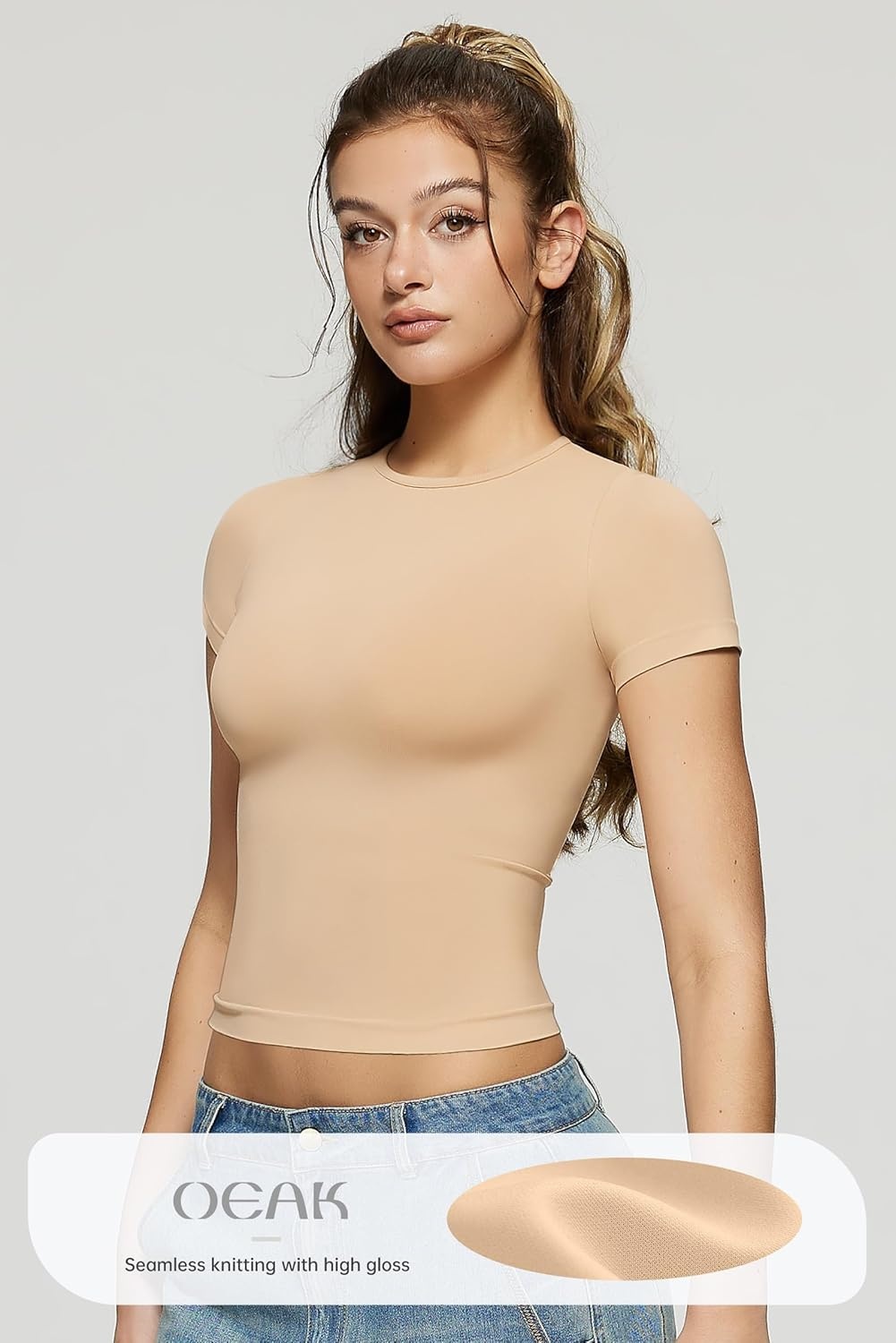image:imageOEAK Womens TShirts Short Sleeve Shirts Crew Neck Basic Tees Soft Smoothing Seamless Tshirts Slim Fit Going Out Trendy TopsClay Color