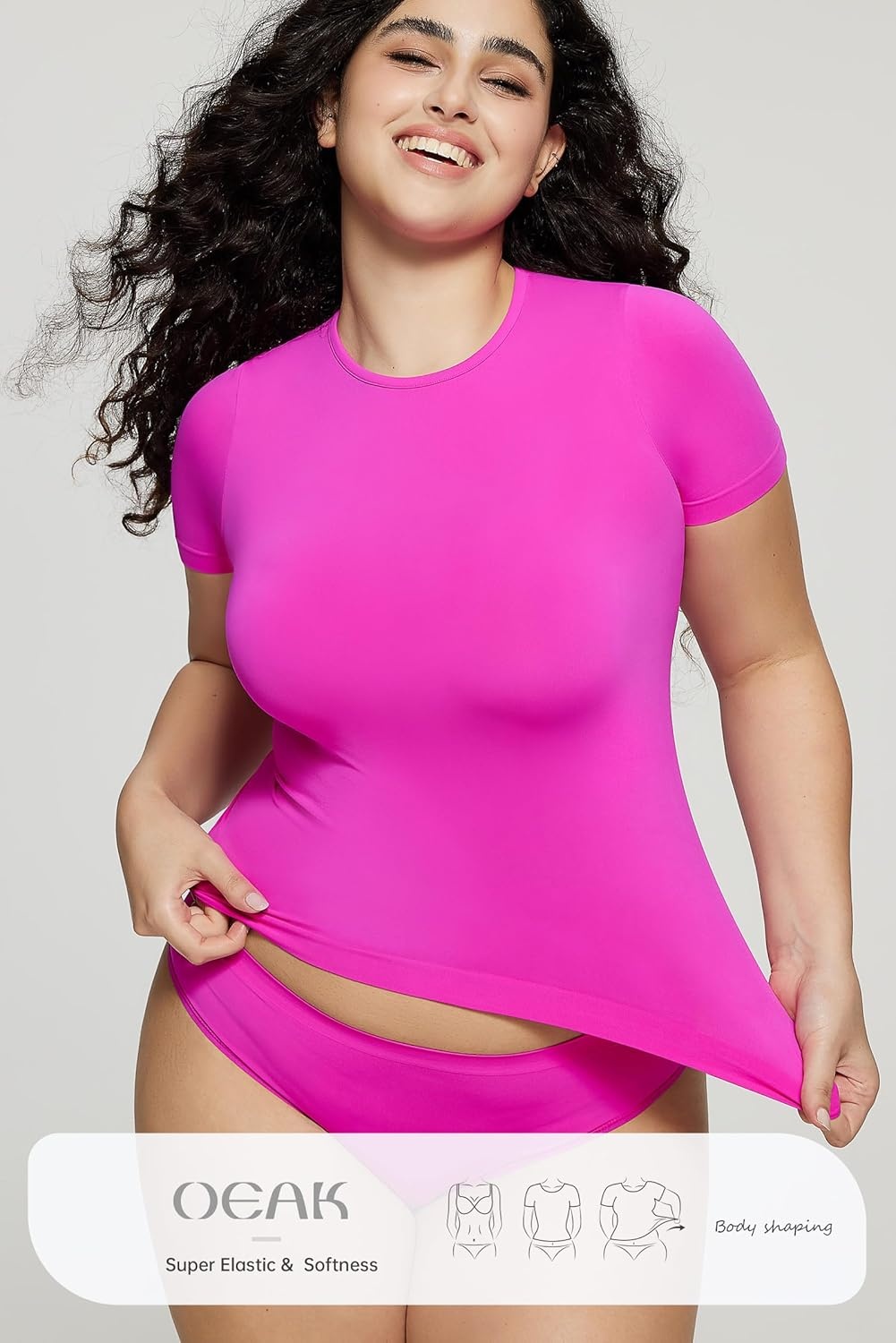image:imageOEAK Womens TShirts Short Sleeve Shirts Crew Neck Basic Tees Soft Smoothing Seamless Tshirts Slim Fit Going Out Trendy TopsHot Pink