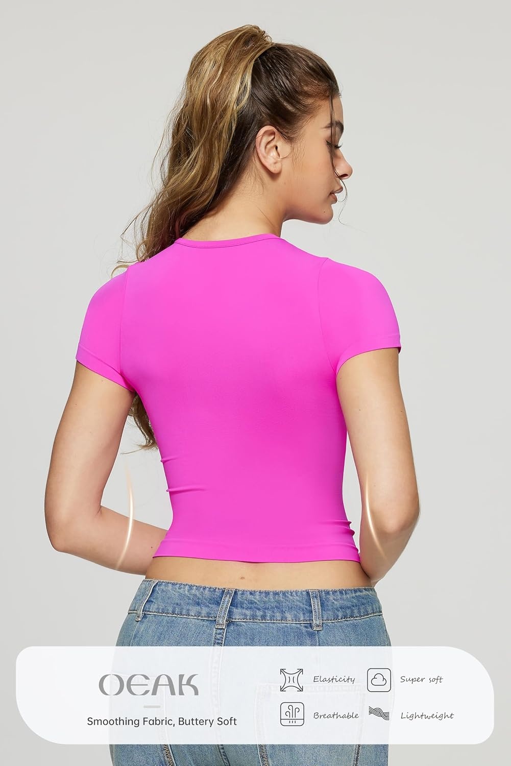 image:imageOEAK Womens TShirts Short Sleeve Shirts Crew Neck Basic Tees Soft Smoothing Seamless Tshirts Slim Fit Going Out Trendy TopsHot Pink