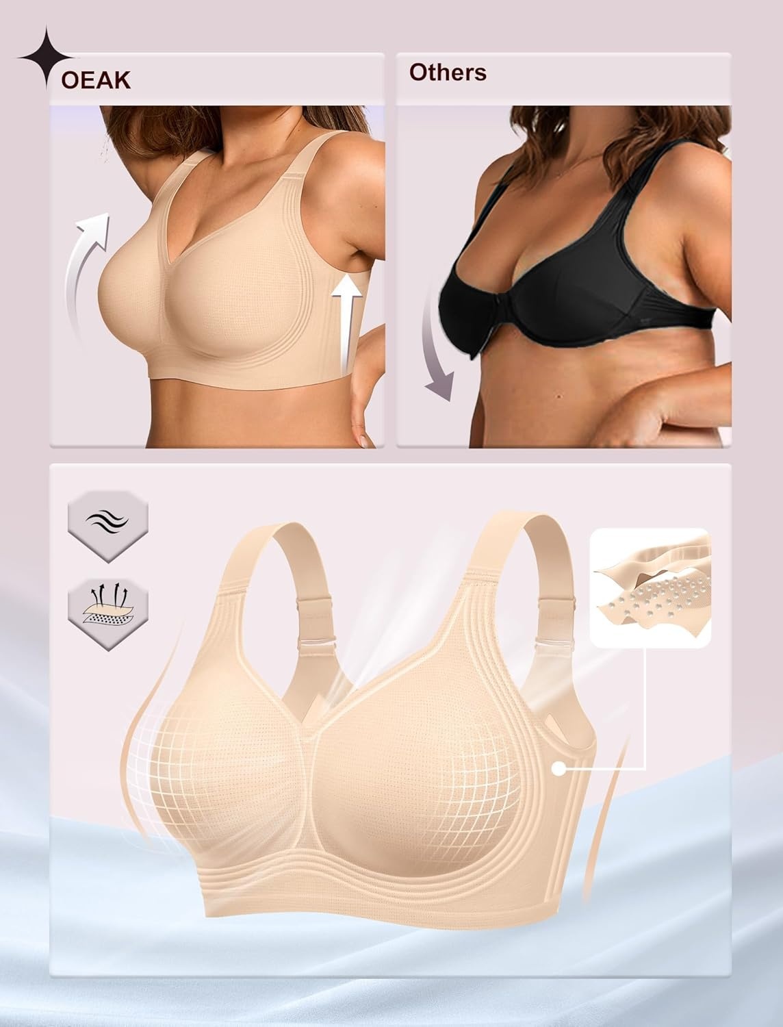 image:imageOEAK Womens Wireless Jelly Bra Plus Size Supportive Seamless Bras Full Coverage Push Up Comfortable No Underwire Tshirt BrasAiry Nude
