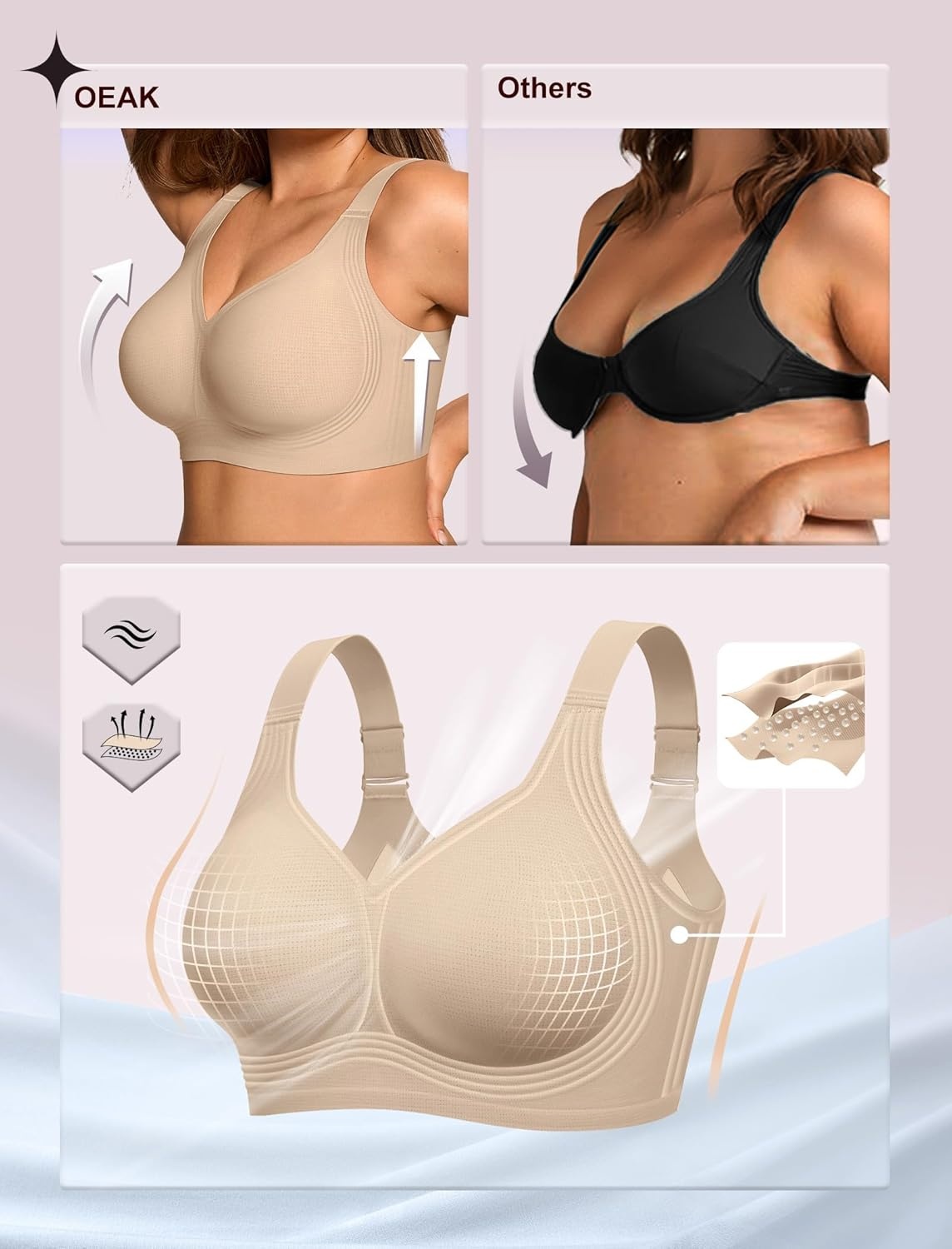 image:imageOEAK Womens Wireless Jelly Bra Plus Size Supportive Seamless Bras Full Coverage Push Up Comfortable No Underwire Tshirt BrasAiry Skin