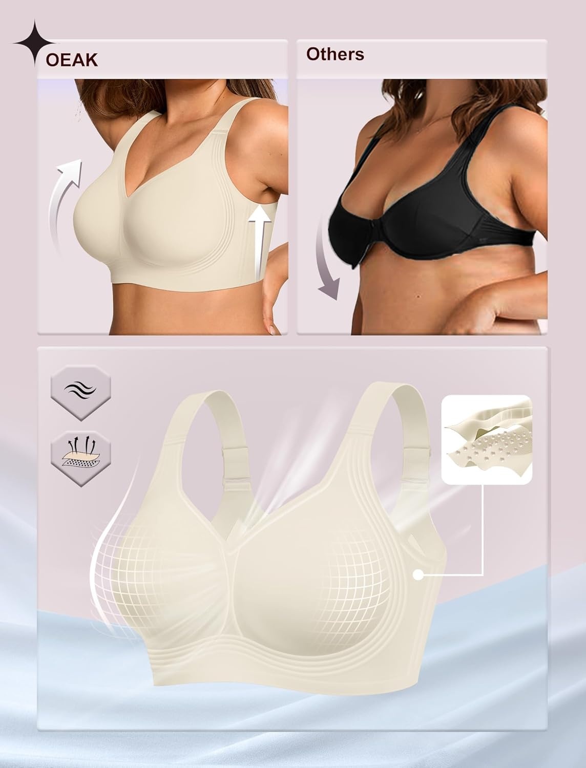 image:imageOEAK Womens Wireless Jelly Bra Plus Size Supportive Seamless Bras Full Coverage Push Up Comfortable No Underwire Tshirt BrasBeige