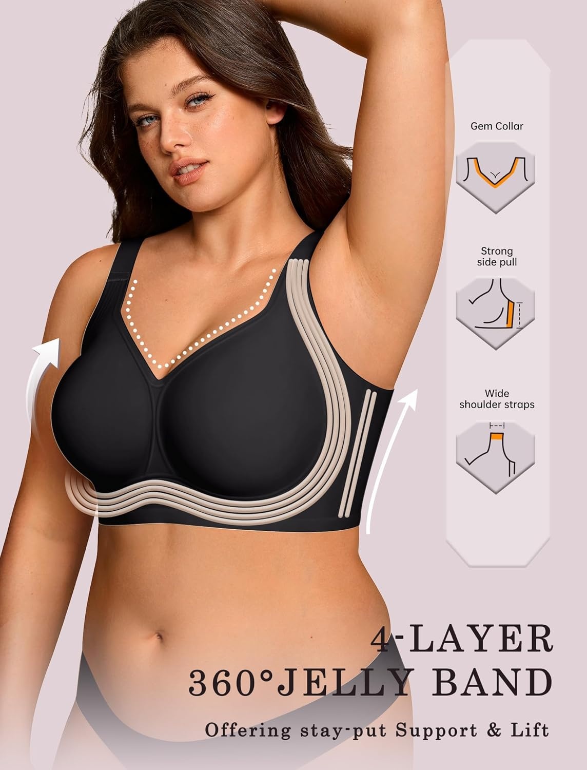 image:imageOEAK Womens Wireless Jelly Bra Plus Size Supportive Seamless Bras Full Coverage Push Up Comfortable No Underwire Tshirt BrasBlack