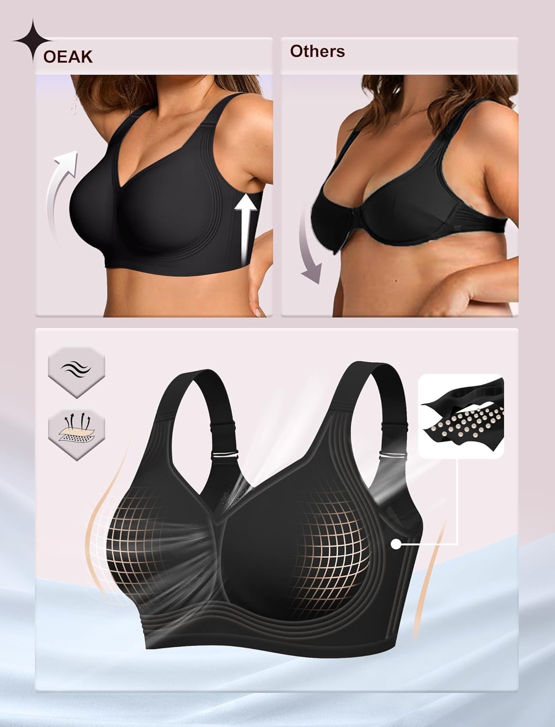 image:imageOEAK Womens Wireless Jelly Bra Plus Size Supportive Seamless Bras Full Coverage Push Up Comfortable No Underwire Tshirt BrasBlack