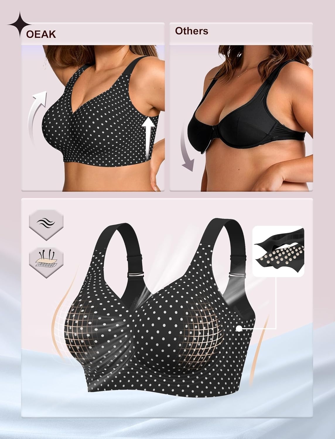 image:imageOEAK Womens Wireless Jelly Bra Plus Size Supportive Seamless Bras Full Coverage Push Up Comfortable No Underwire Tshirt BrasBlack With White Polka Dot
