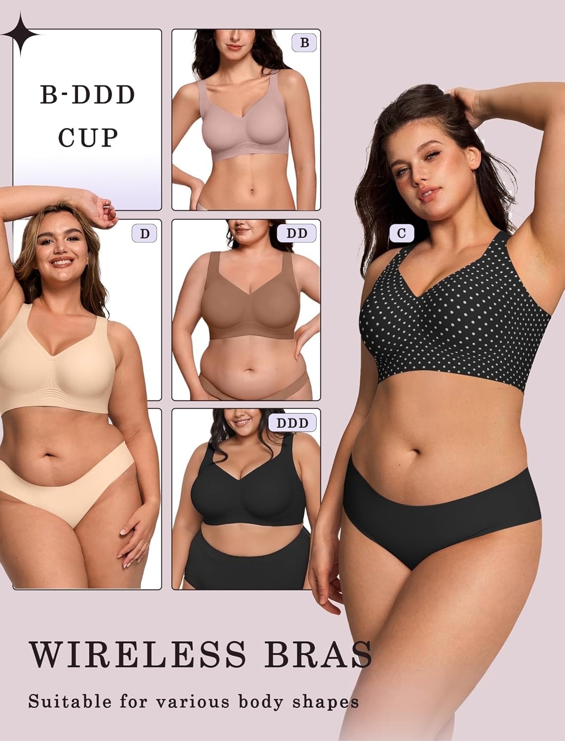 image:imageOEAK Womens Wireless Jelly Bra Plus Size Supportive Seamless Bras Full Coverage Push Up Comfortable No Underwire Tshirt BrasBlack With White Polka Dot