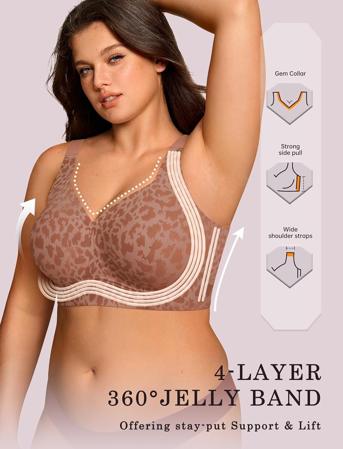 image:imageOEAK Womens Wireless Jelly Bra Plus Size Supportive Seamless Bras Full Coverage Push Up Comfortable No Underwire Tshirt BrasBrown Leopard