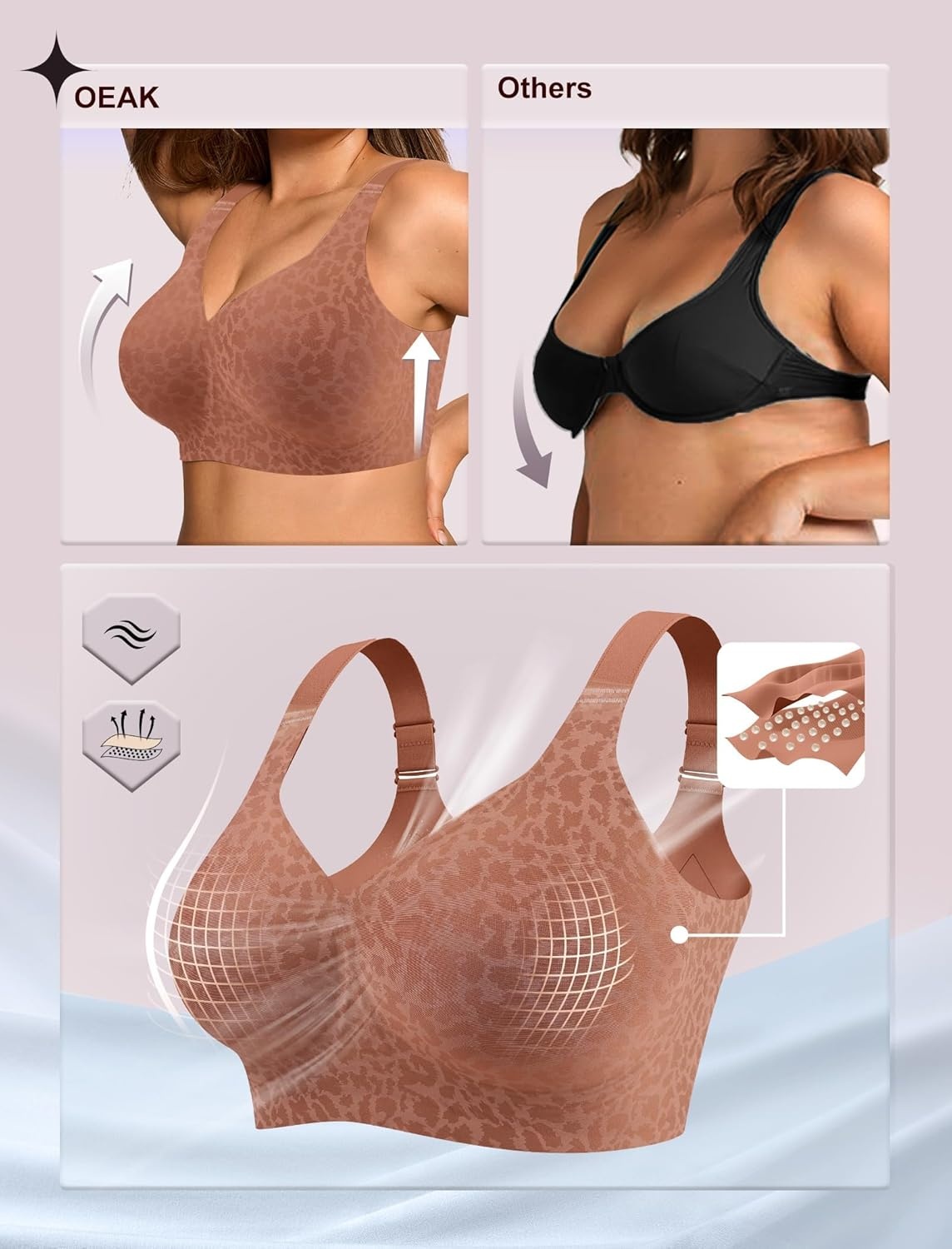 image:imageOEAK Womens Wireless Jelly Bra Plus Size Supportive Seamless Bras Full Coverage Push Up Comfortable No Underwire Tshirt BrasBrown Leopard