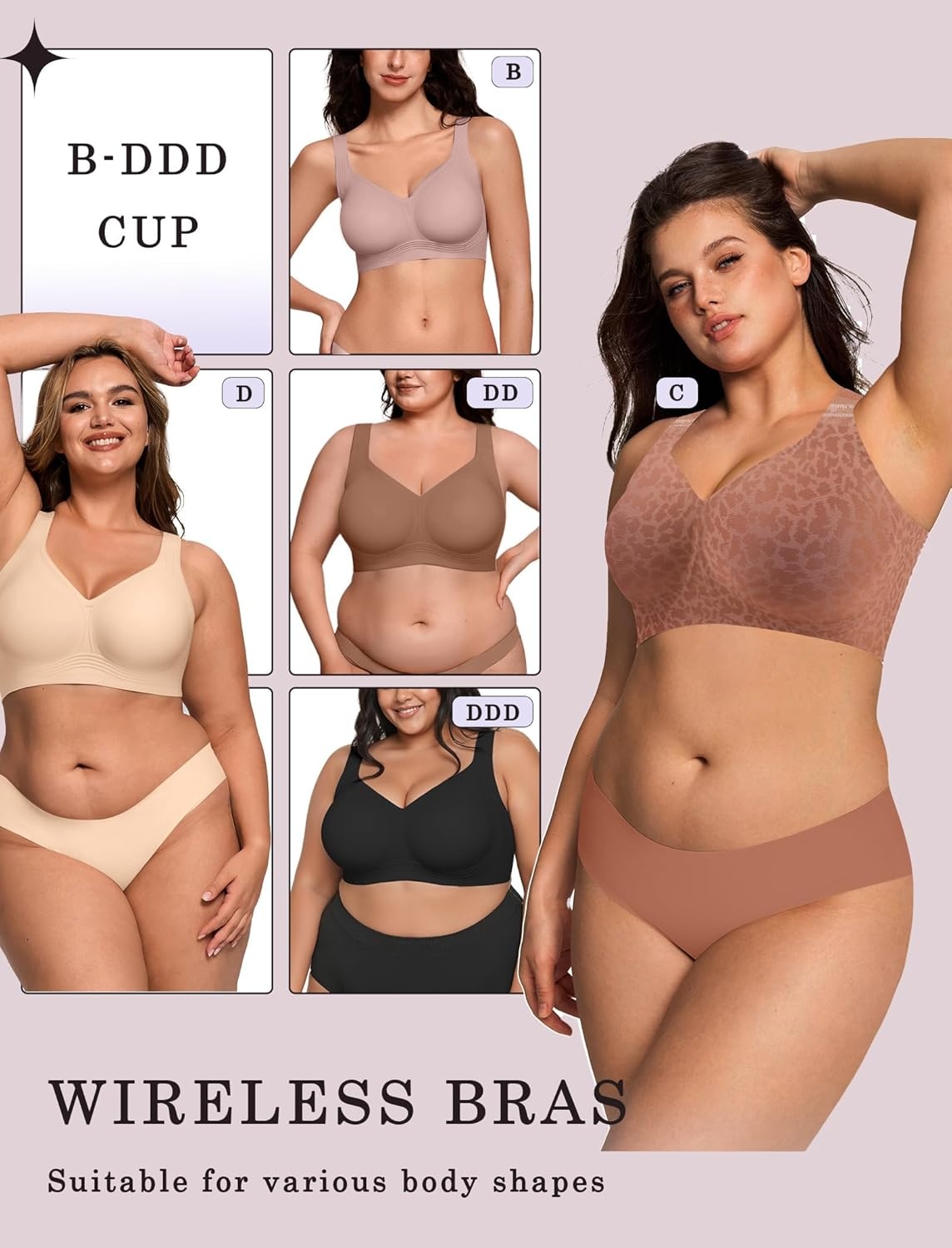 image:imageOEAK Womens Wireless Jelly Bra Plus Size Supportive Seamless Bras Full Coverage Push Up Comfortable No Underwire Tshirt BrasBrown Leopard