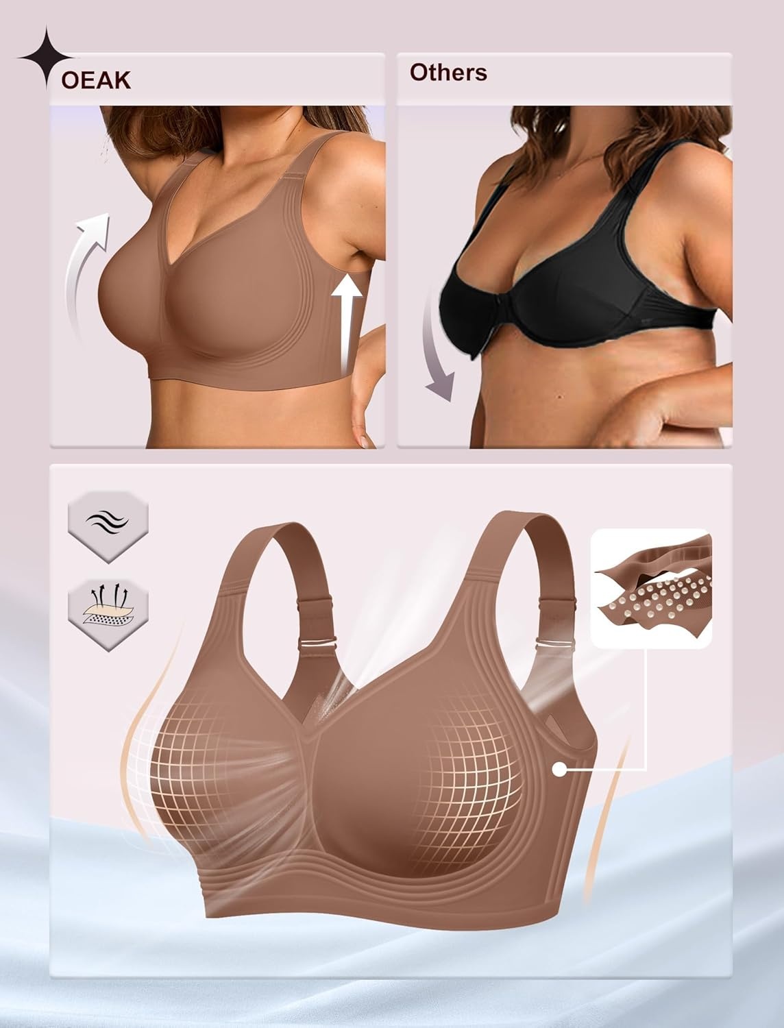 image:imageOEAK Womens Wireless Jelly Bra Plus Size Supportive Seamless Bras Full Coverage Push Up Comfortable No Underwire Tshirt BrasCoffee