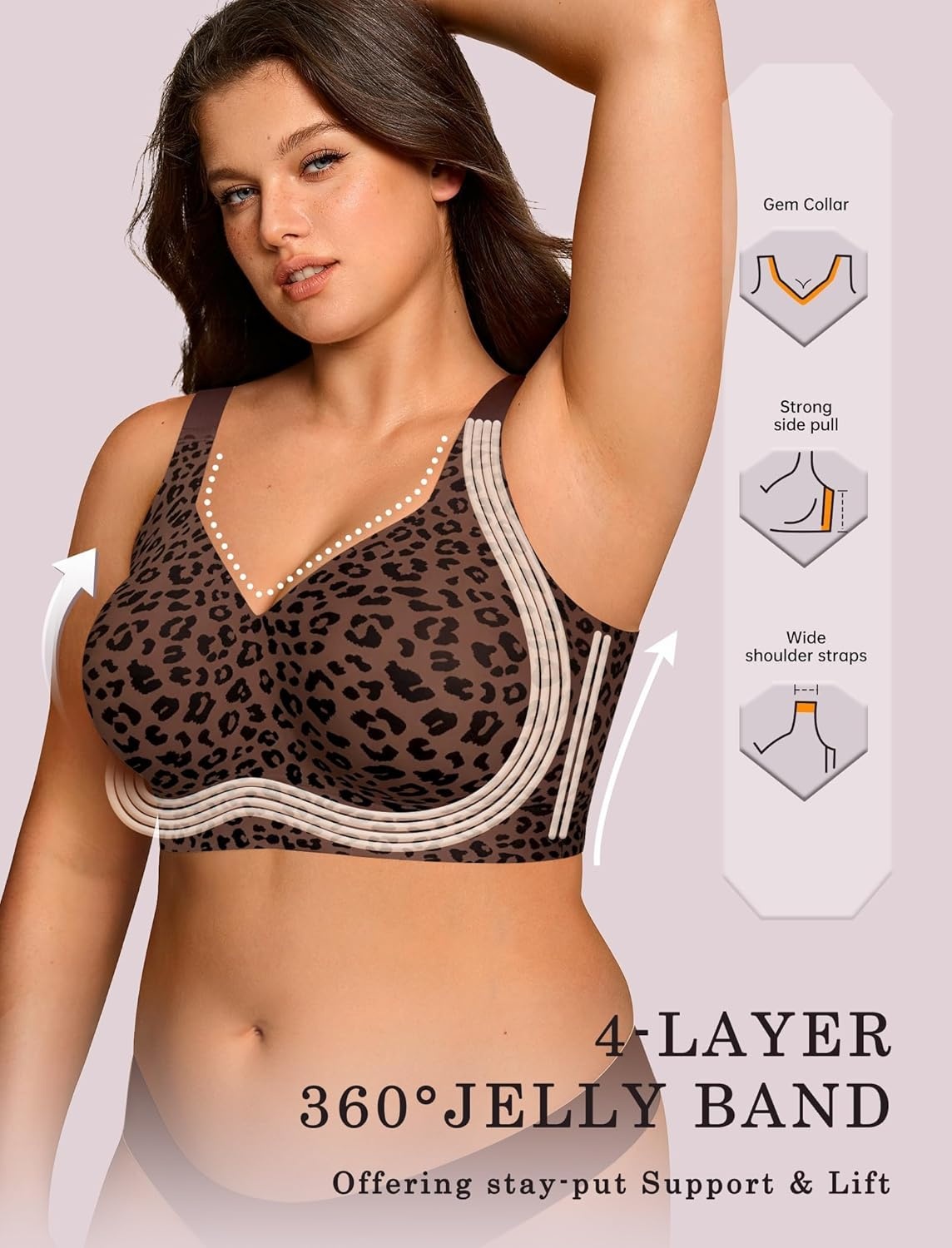 image:imageOEAK Womens Wireless Jelly Bra Plus Size Supportive Seamless Bras Full Coverage Push Up Comfortable No Underwire Tshirt BrasCoffee Leopard