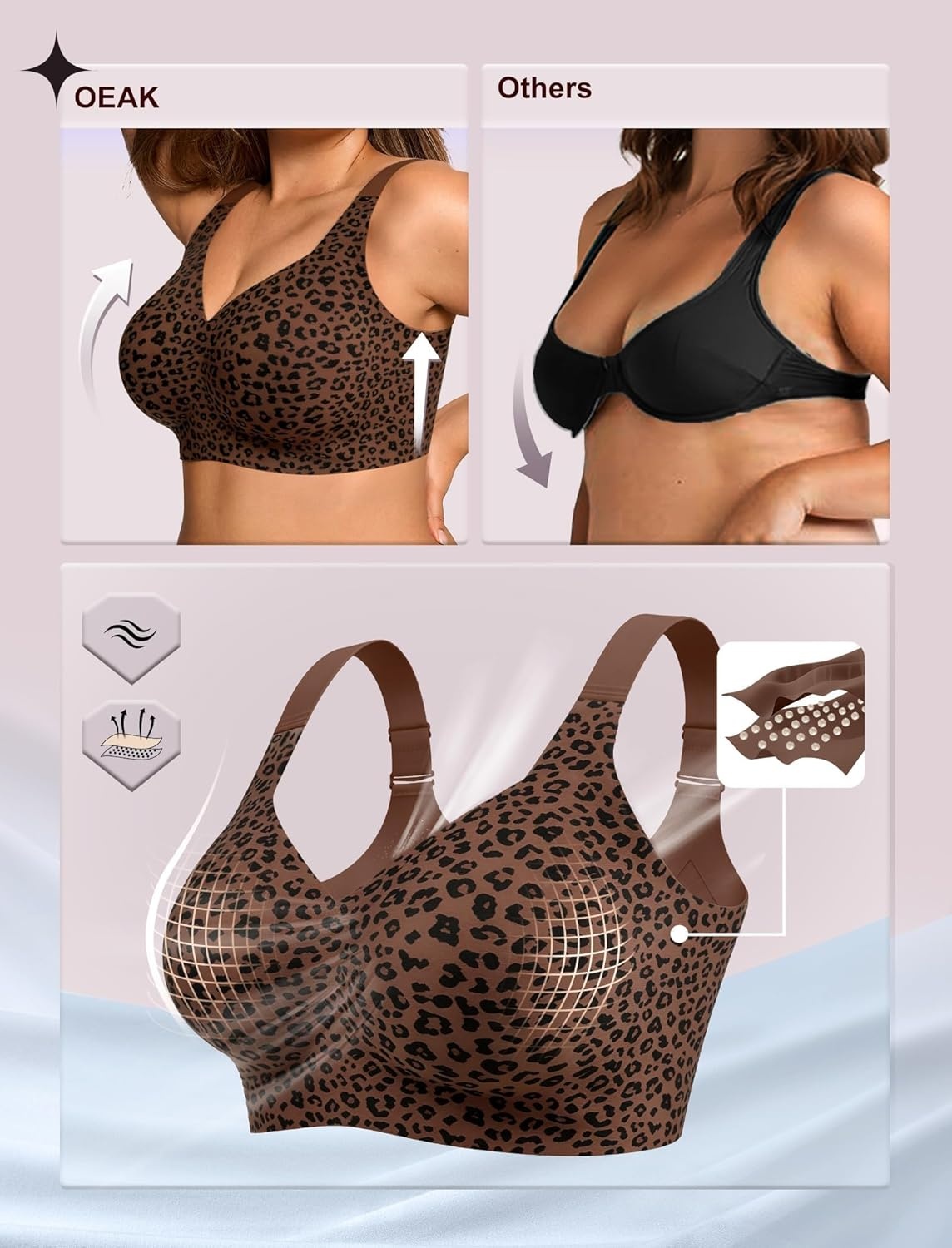 image:imageOEAK Womens Wireless Jelly Bra Plus Size Supportive Seamless Bras Full Coverage Push Up Comfortable No Underwire Tshirt BrasCoffee Leopard