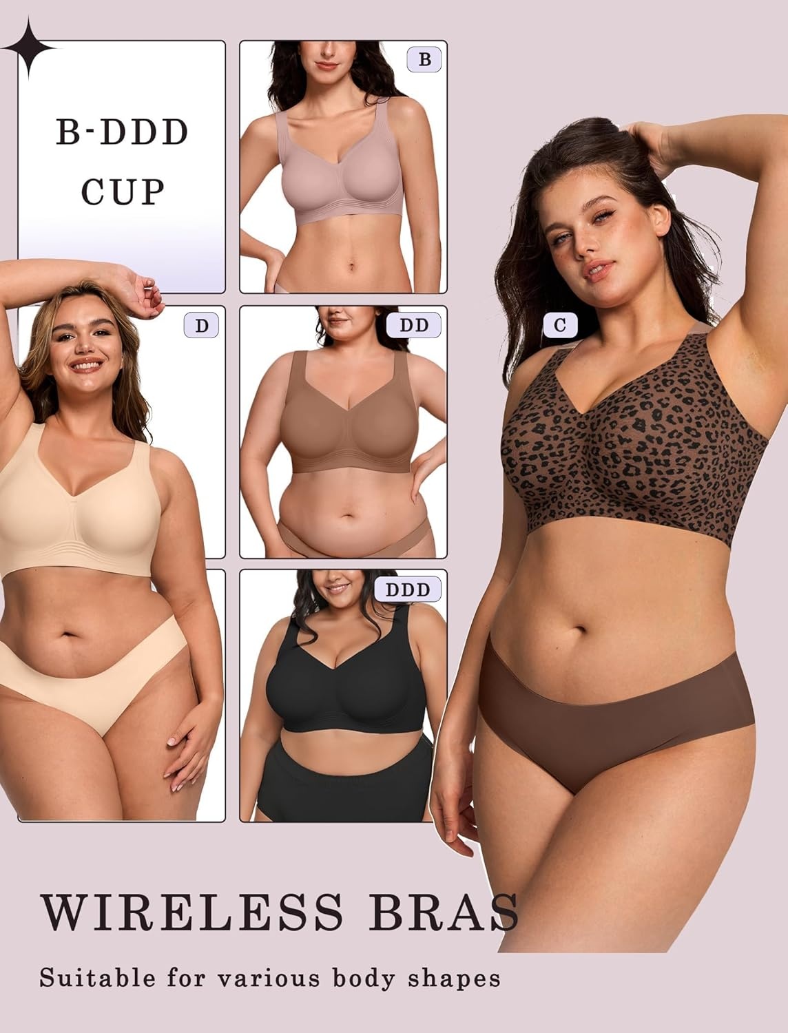 image:imageOEAK Womens Wireless Jelly Bra Plus Size Supportive Seamless Bras Full Coverage Push Up Comfortable No Underwire Tshirt BrasCoffee Leopard