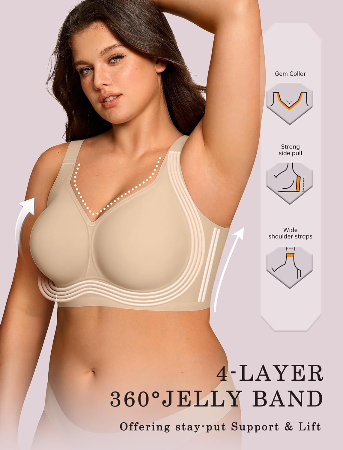 image:imageOEAK Womens Wireless Jelly Bra Plus Size Supportive Seamless Bras Full Coverage Push Up Comfortable No Underwire Tshirt BrasCreamy Beige