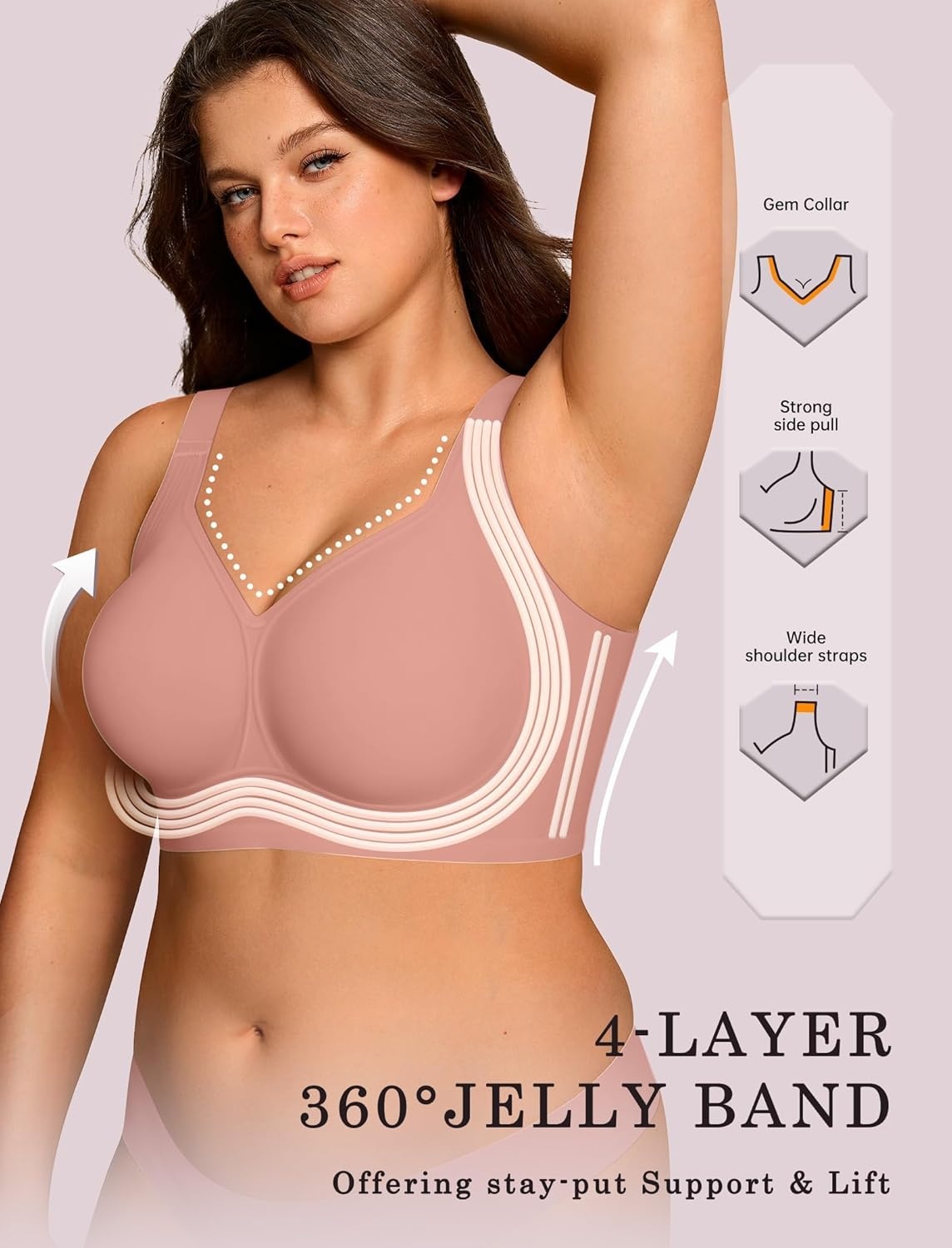 image:imageOEAK Womens Wireless Jelly Bra Plus Size Supportive Seamless Bras Full Coverage Push Up Comfortable No Underwire Tshirt BrasDusty Pink