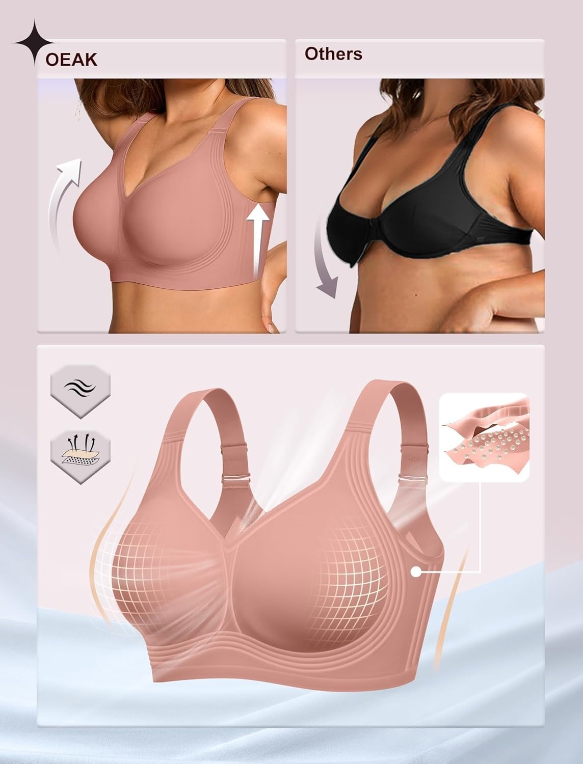 image:imageOEAK Womens Wireless Jelly Bra Plus Size Supportive Seamless Bras Full Coverage Push Up Comfortable No Underwire Tshirt BrasDusty Pink