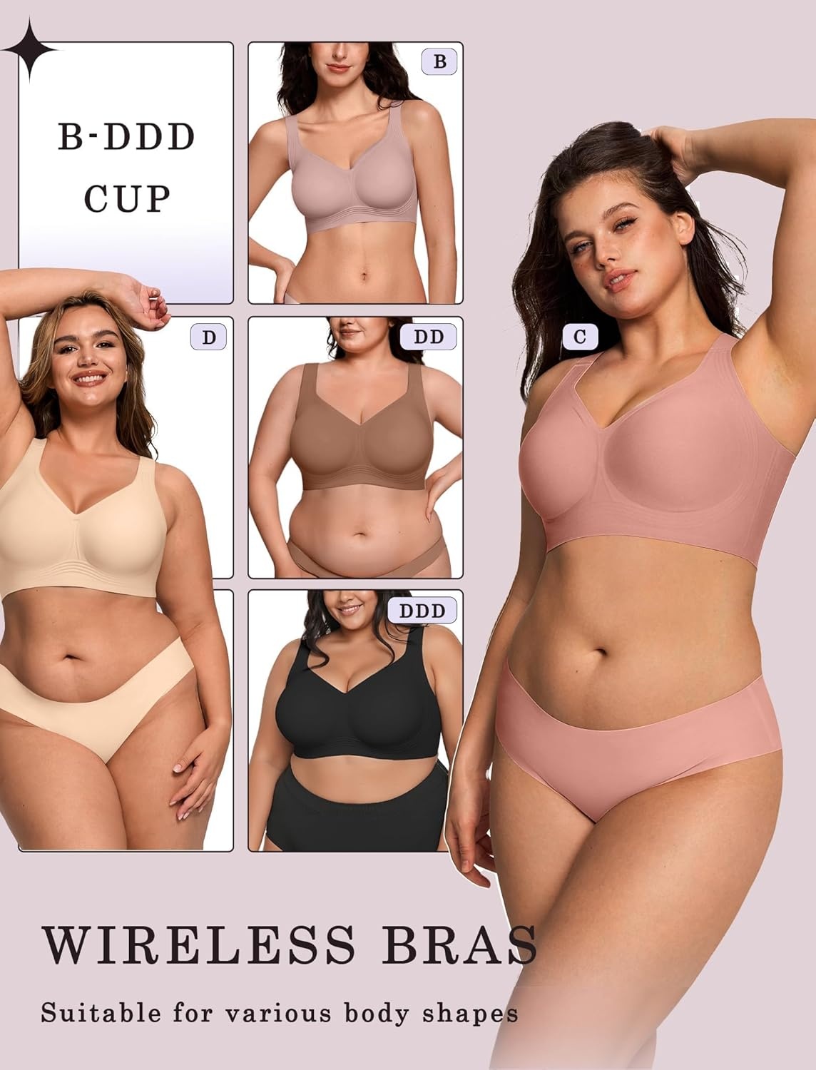 image:imageOEAK Womens Wireless Jelly Bra Plus Size Supportive Seamless Bras Full Coverage Push Up Comfortable No Underwire Tshirt BrasDusty Pink
