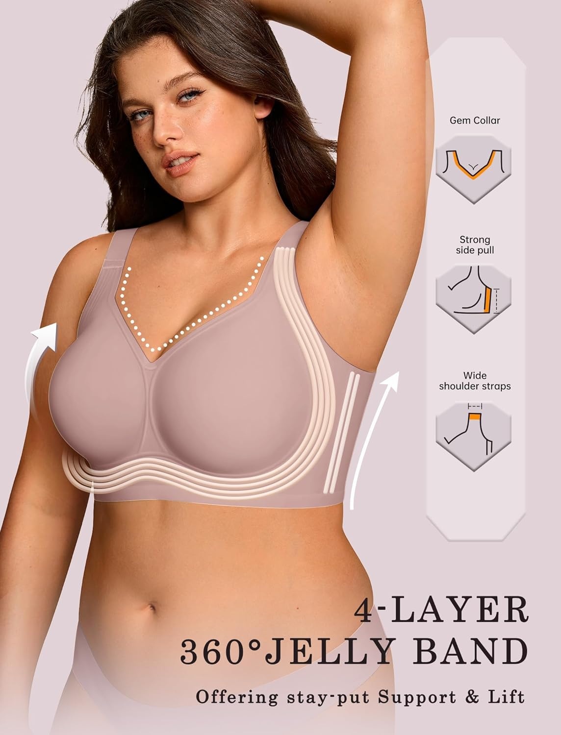 image:imageOEAK Womens Wireless Jelly Bra Plus Size Supportive Seamless Bras Full Coverage Push Up Comfortable No Underwire Tshirt BrasDusty Rose