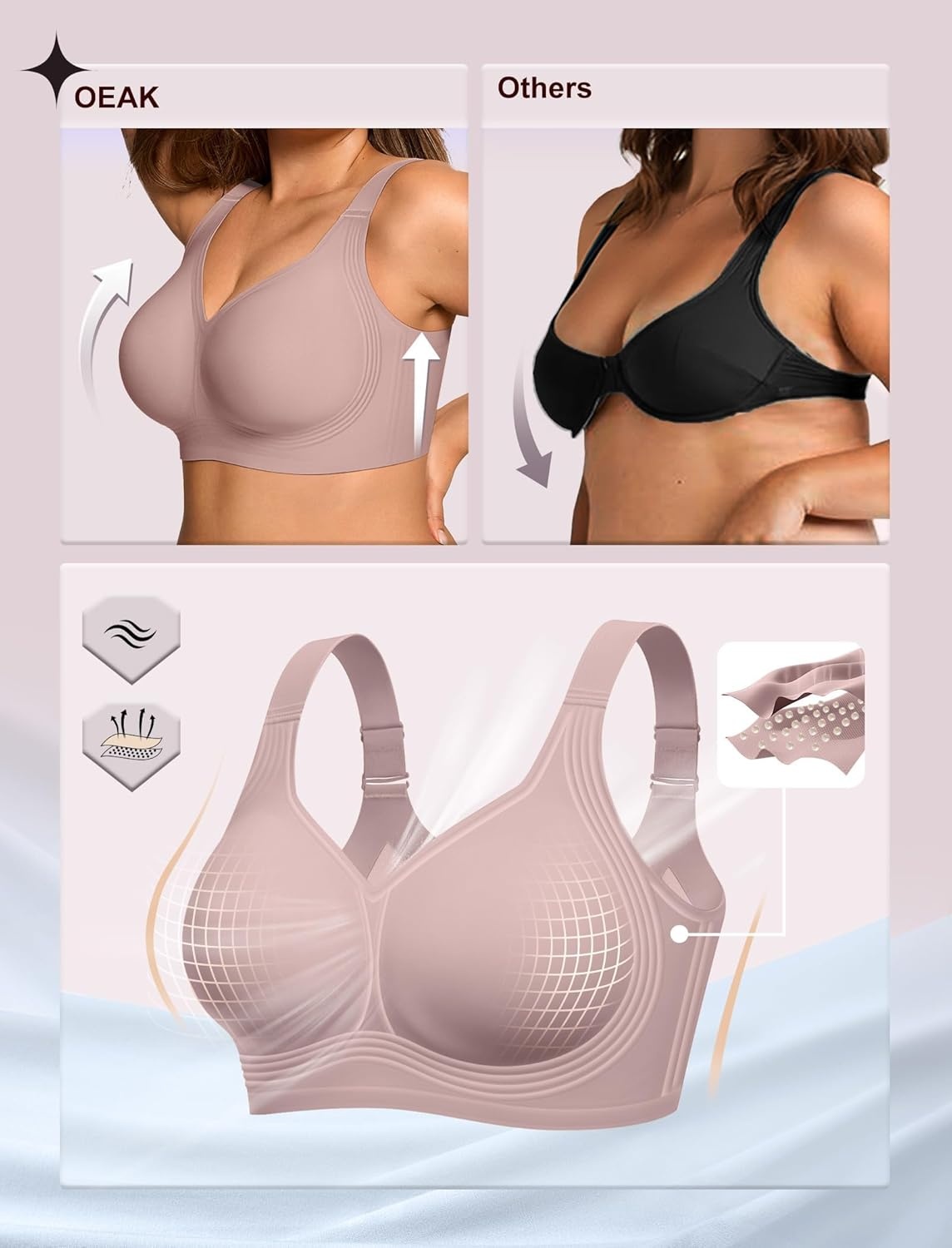 image:imageOEAK Womens Wireless Jelly Bra Plus Size Supportive Seamless Bras Full Coverage Push Up Comfortable No Underwire Tshirt BrasDusty Rose