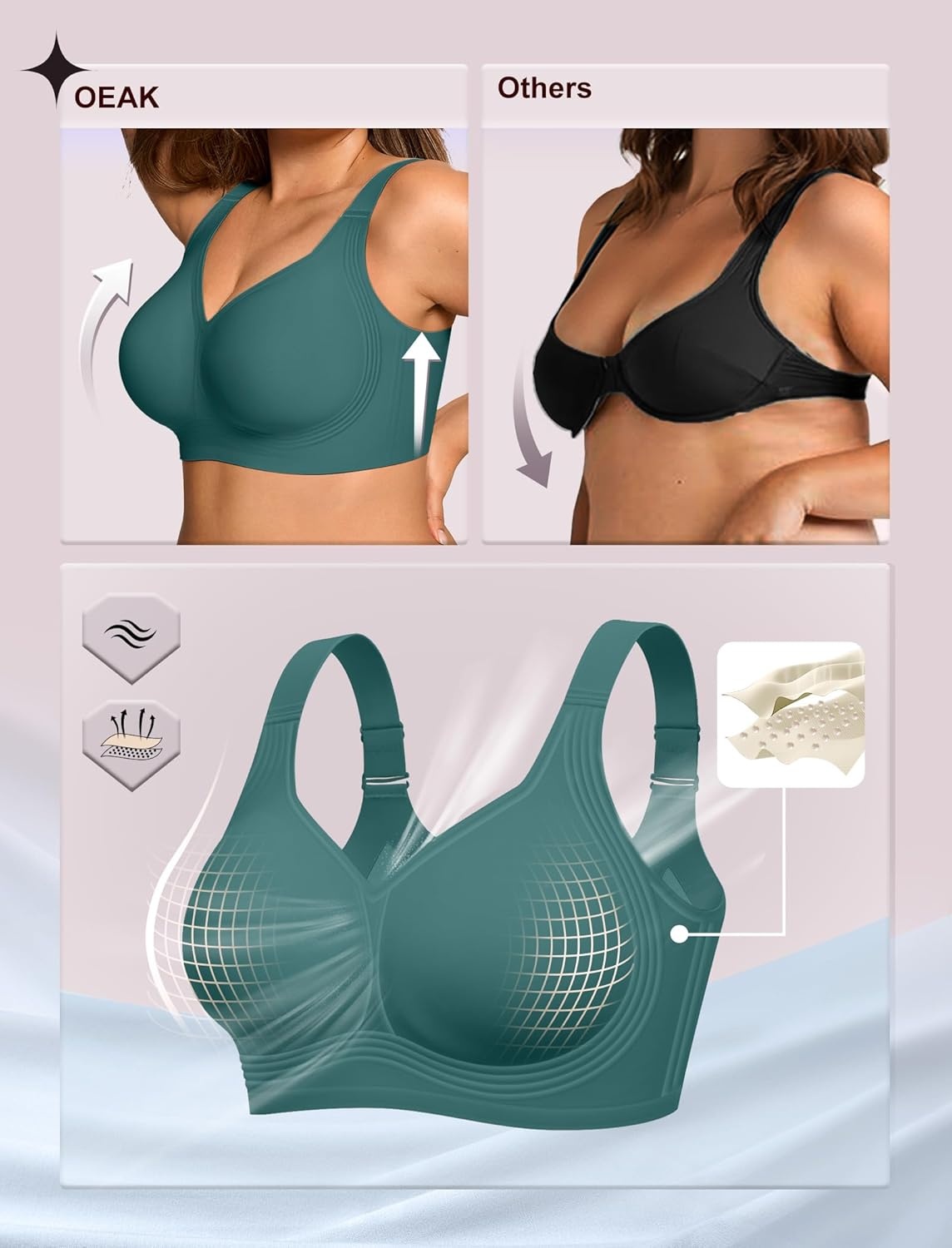 image:imageOEAK Womens Wireless Jelly Bra Plus Size Supportive Seamless Bras Full Coverage Push Up Comfortable No Underwire Tshirt BrasEmerald Gem