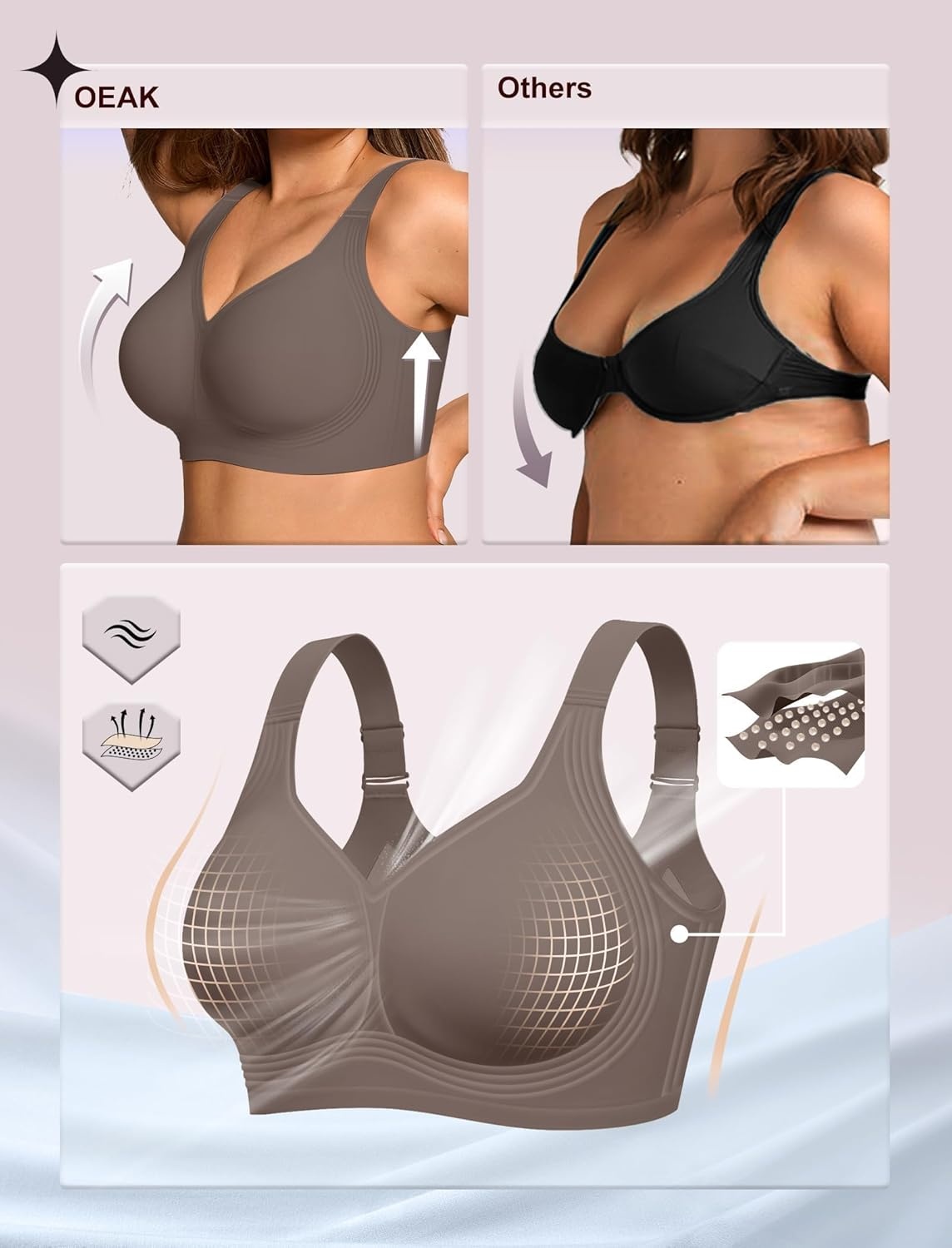 image:imageOEAK Womens Wireless Jelly Bra Plus Size Supportive Seamless Bras Full Coverage Push Up Comfortable No Underwire Tshirt BrasGrey